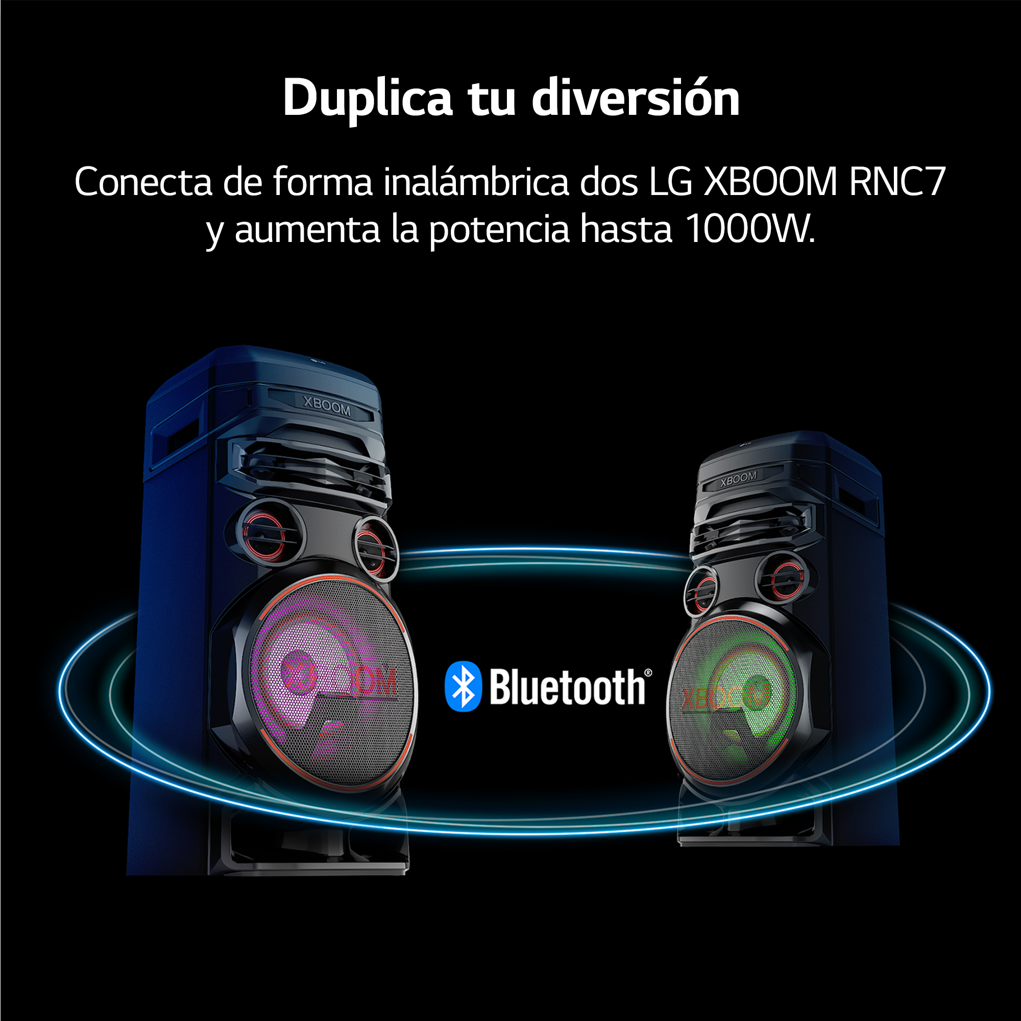Dos altavoces negros con luces coloridas, círculo de luz azul y logotipo de Bluetooth.