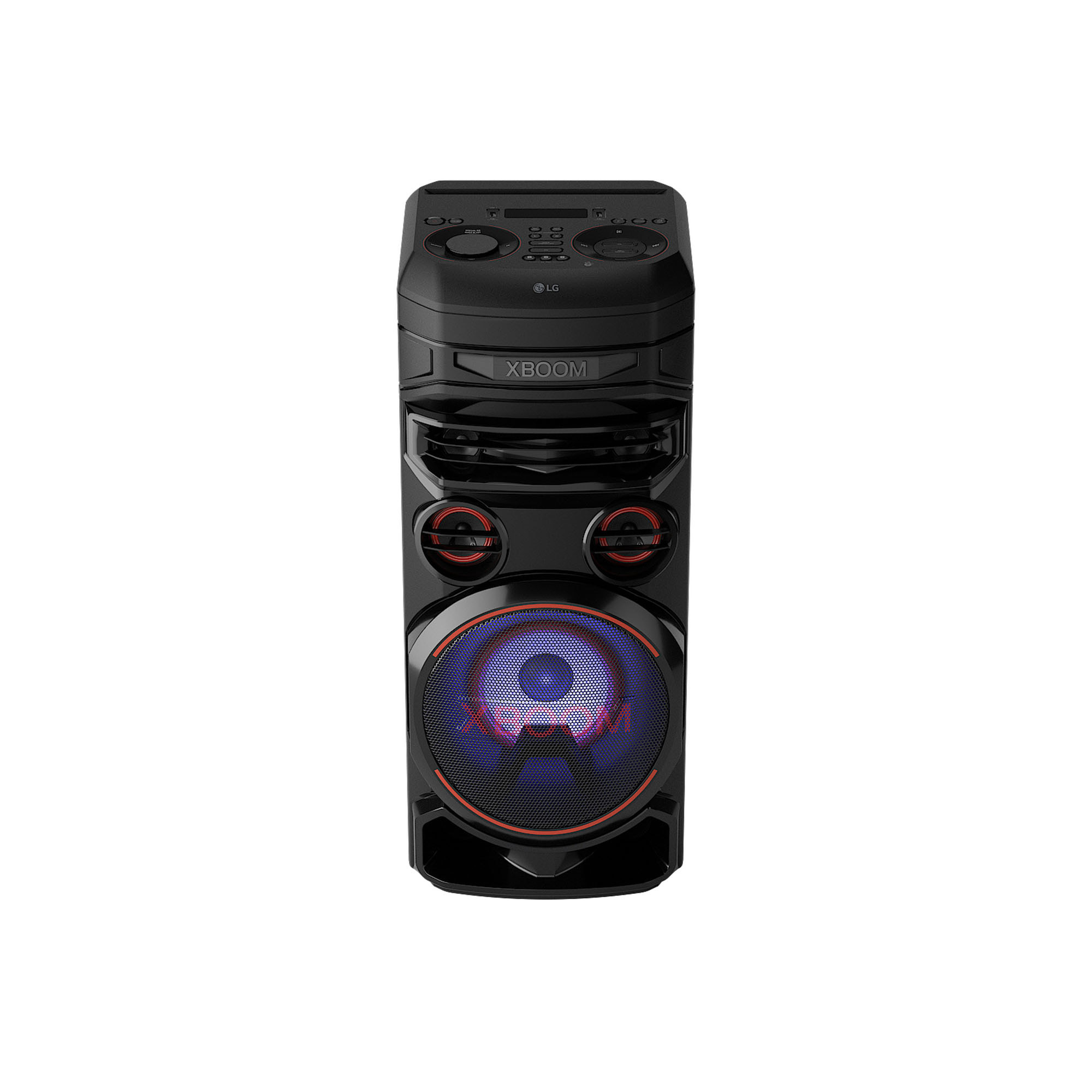 Altavoz LG XBOOM negro con luces rojas y azules, botones arriba, sobre fondo blanco.