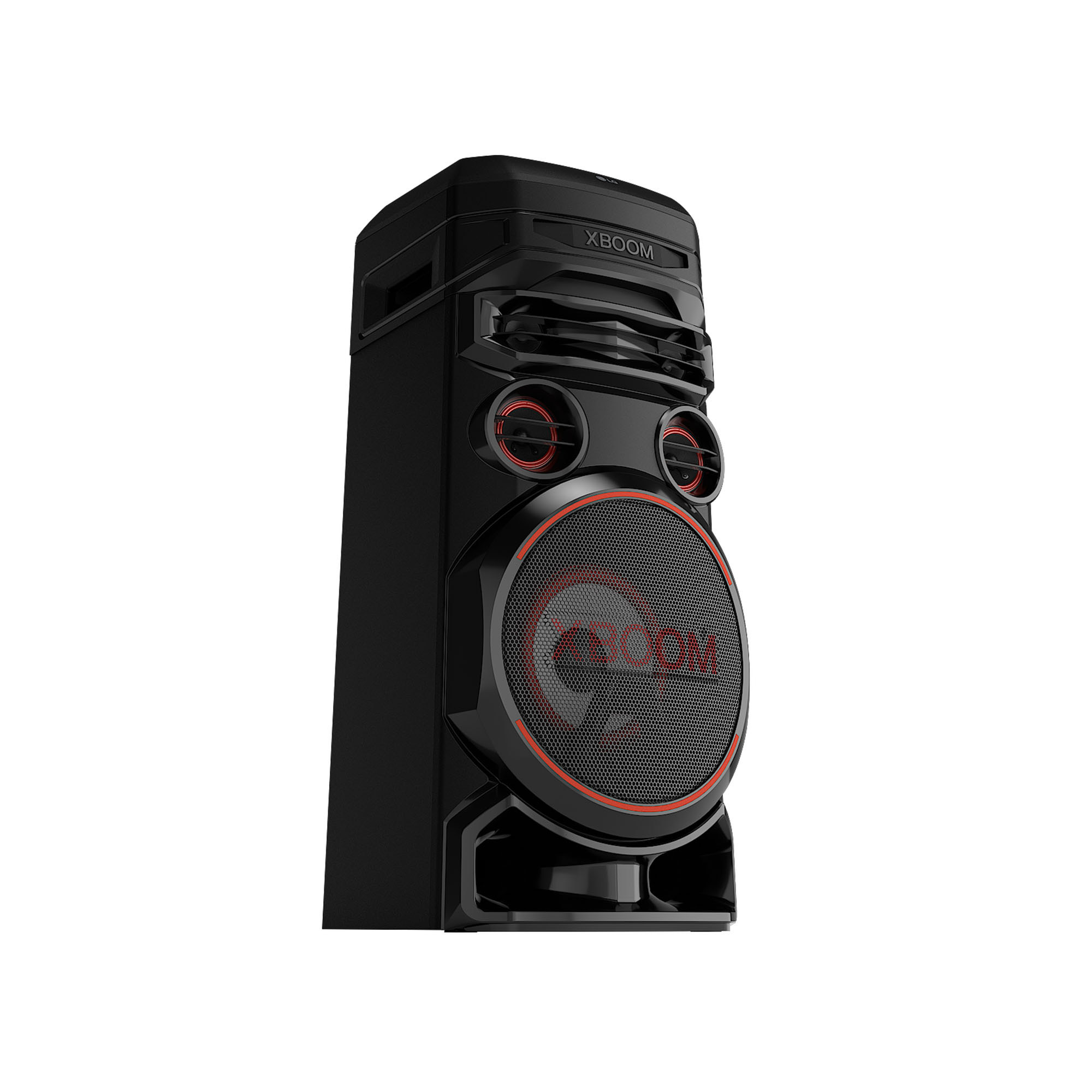 Un altavoz LG XBOOM negro con detalles rojos y el logotipo XBOOM. Está sobre un fondo blanco.