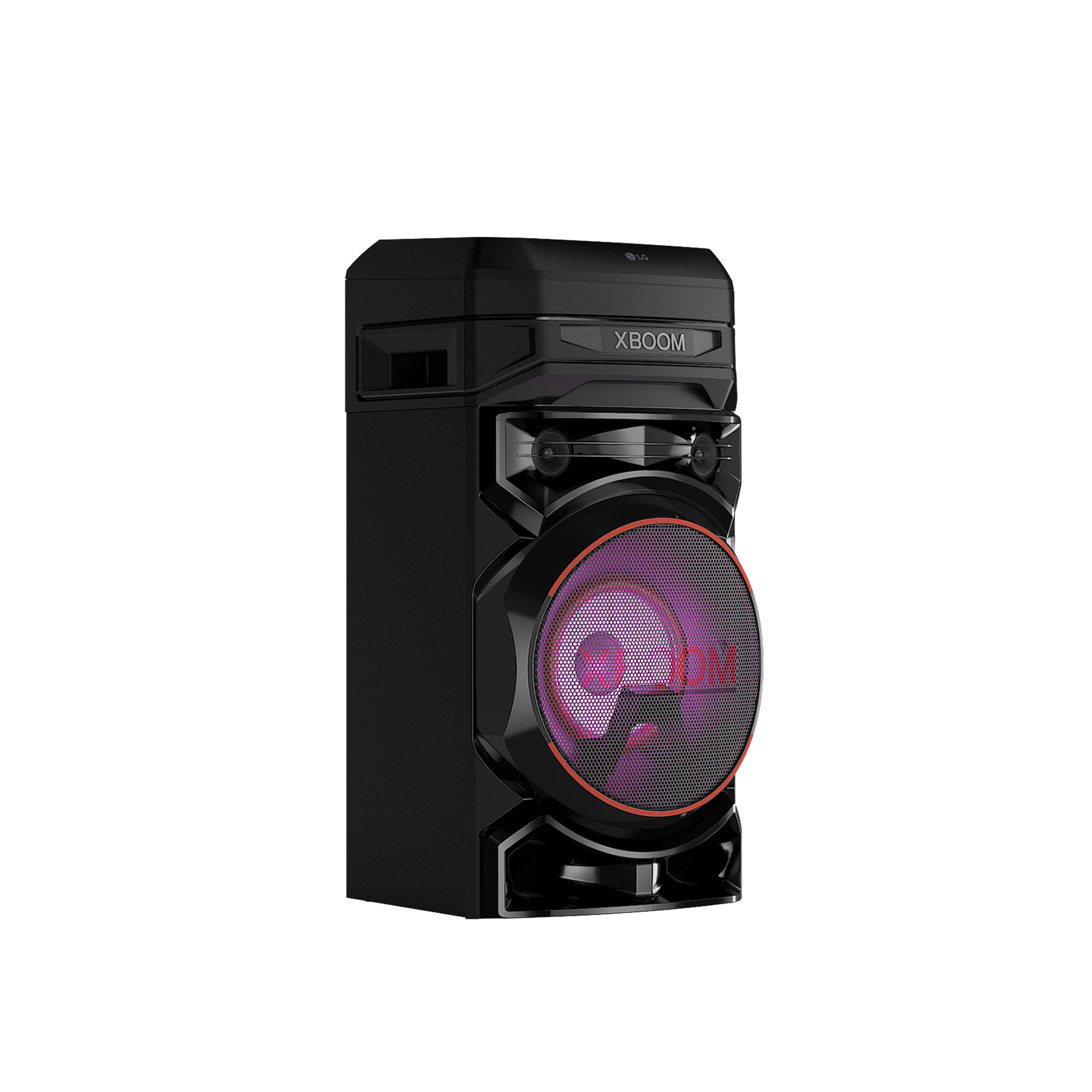 Altavoz negro con luz roja y morada, con marcas LG y XBOOM.