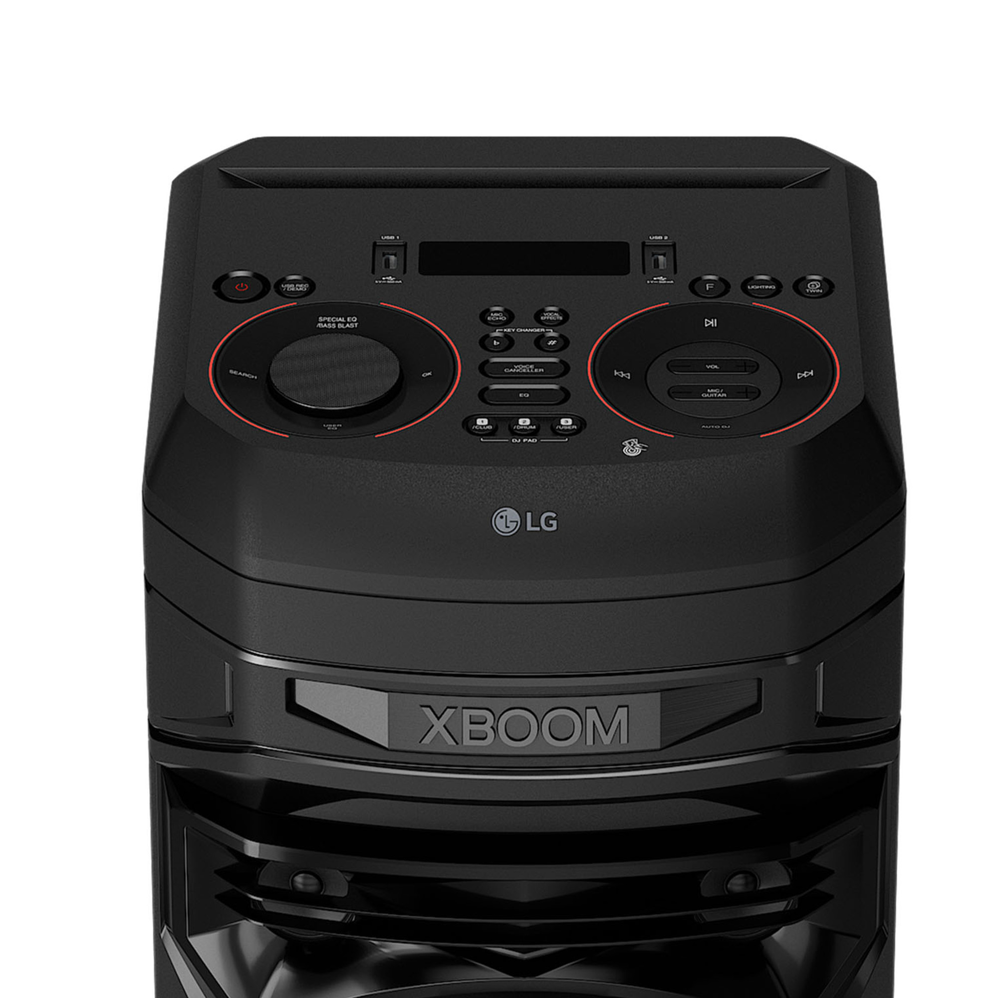 Altavoz negro con panel de control, botones, logo 'XBOOM', fondo blanco.