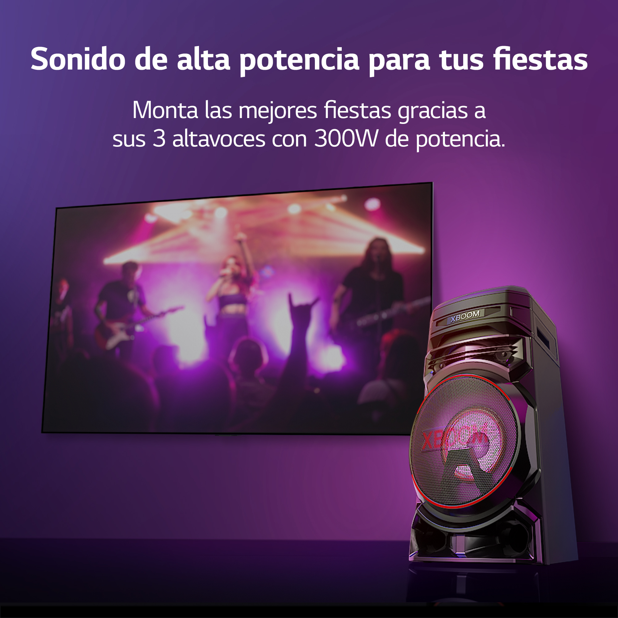 Altavoz con una pantalla que muestra una banda en el escenario, con texto en español arriba.