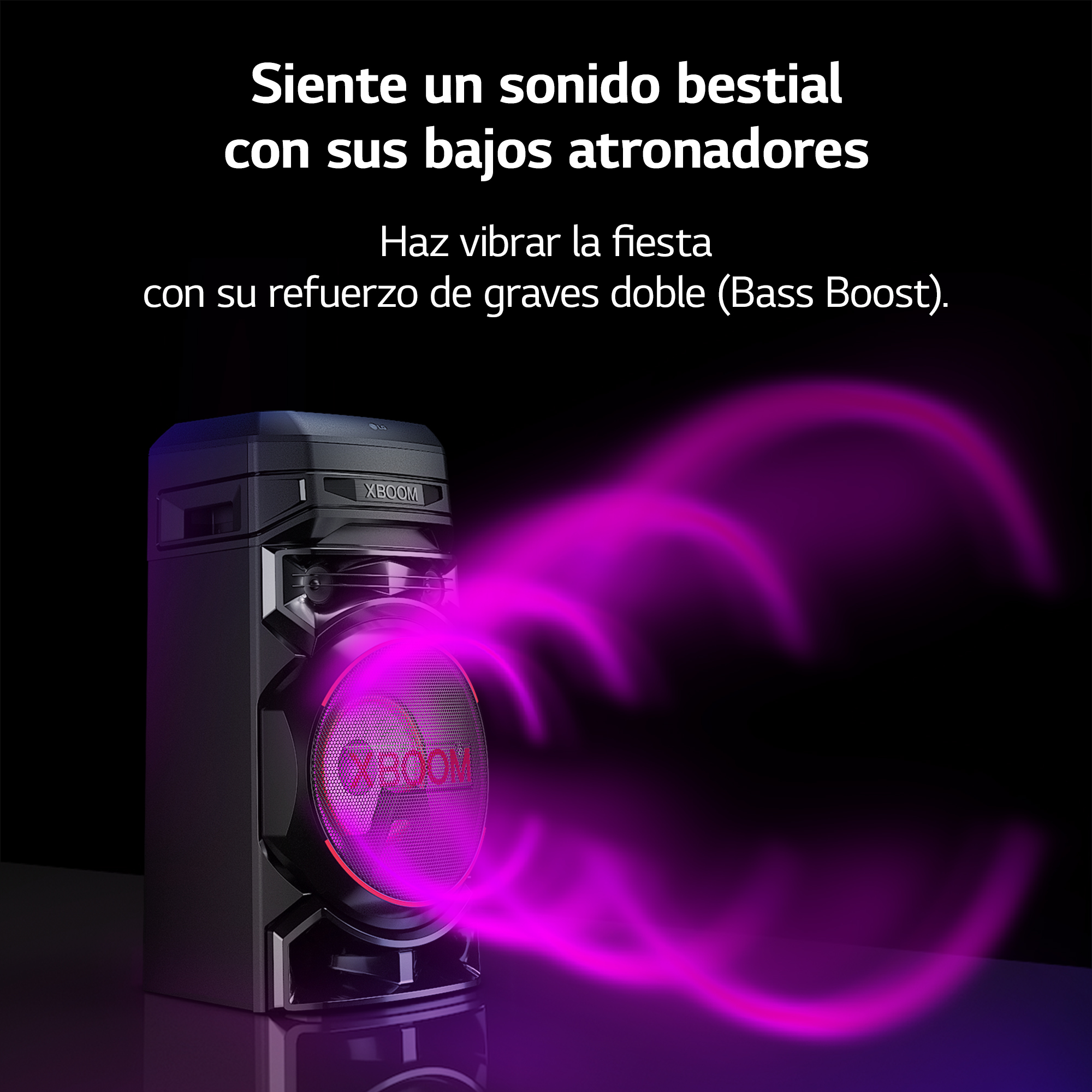 Un altavoz negro con efectos de luz rosa, texto en español sobre sonido de refuerzo de bajos.