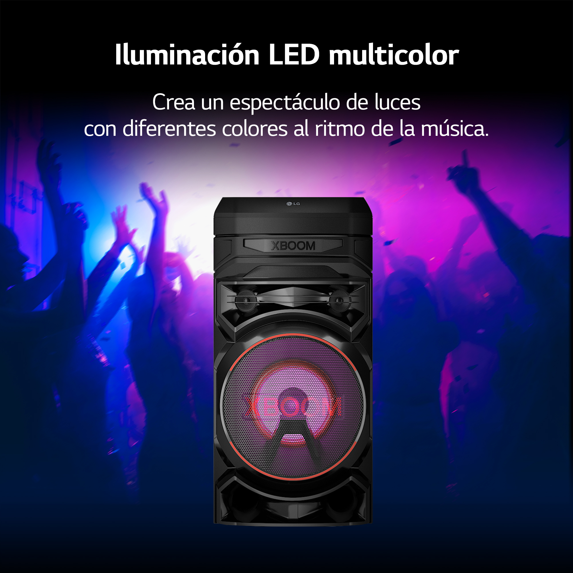 Un altavoz negro con luces LED multicolor. Siluetas de gente bailando al fondo.