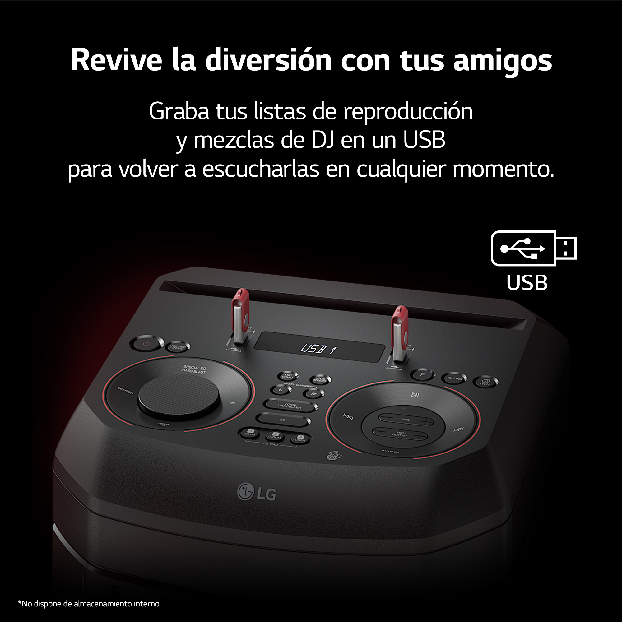 Sistema de sonido LG negro con detalles rojos y puertos USB, vista de cerca.