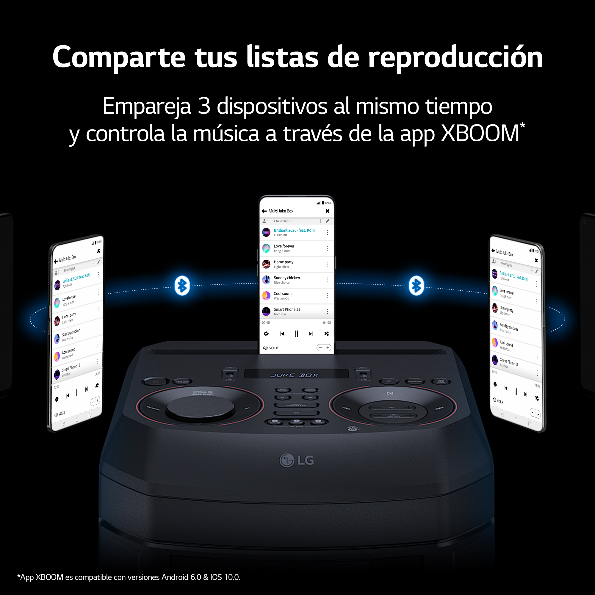 Un sistema estéreo con tres teléfonos, compartiendo listas de reproducción. El texto "Comparte tus listas de reproduccion".