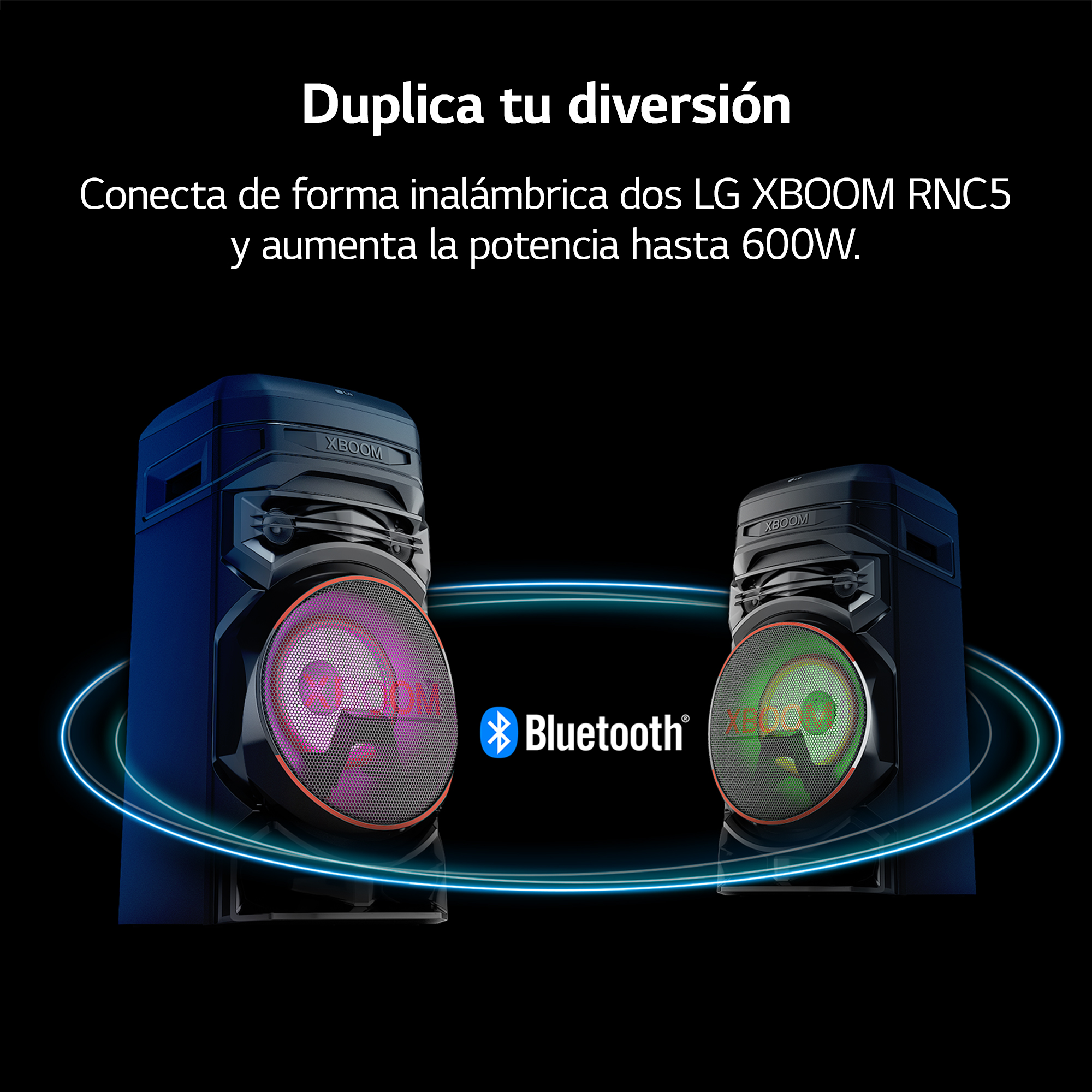 Dos altavoces negros con luces coloridas. El texto dice 'Conéctate de forma inalámbrica'.
