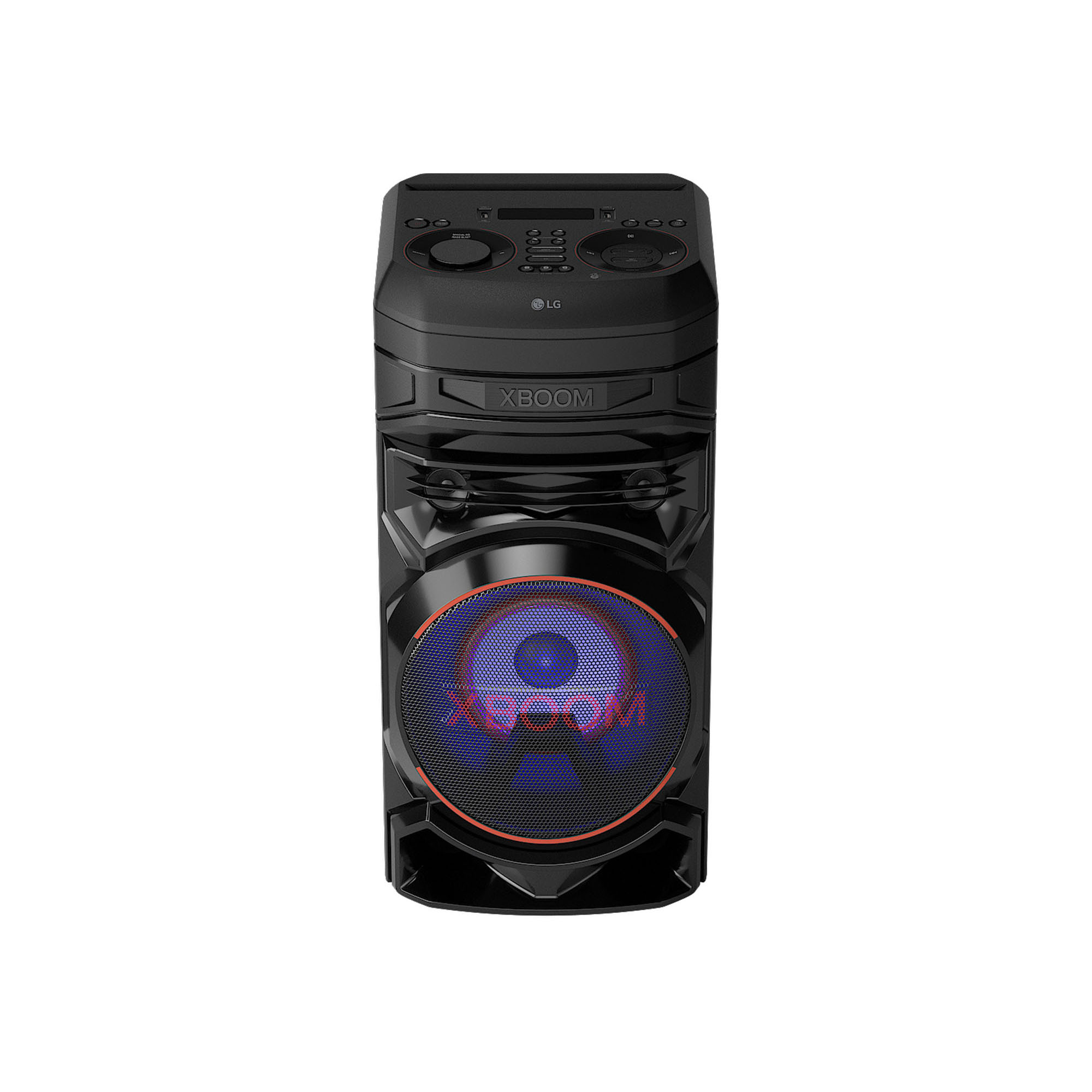 Altavoz LG XBOOM negro con centro brillante. Muchos botones en la parte superior.