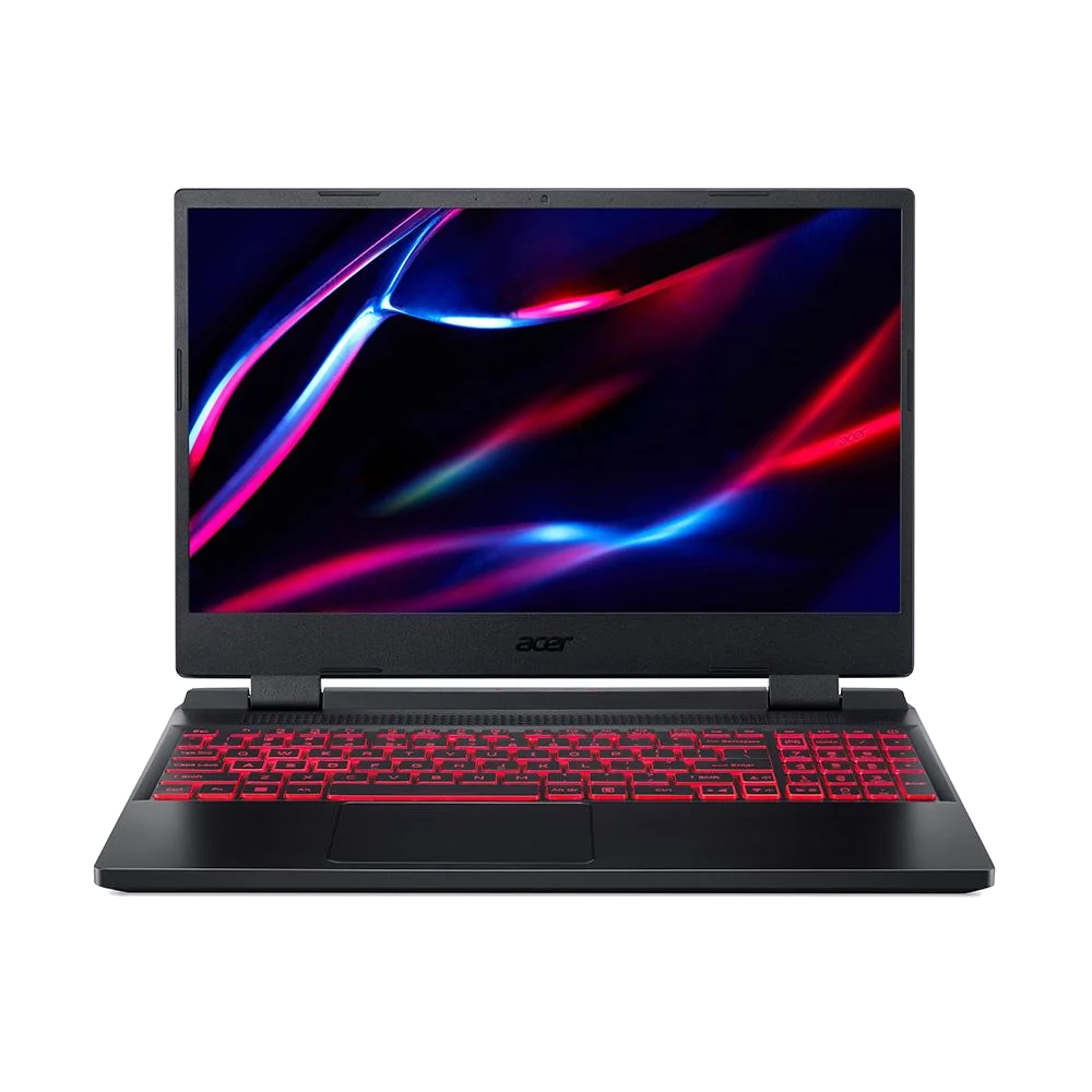 Kırmızı aydınlatmalı klavyeli siyah dizüstü bilgisayar, Acer logosu ve soyut şekiller sergileyen ekran.