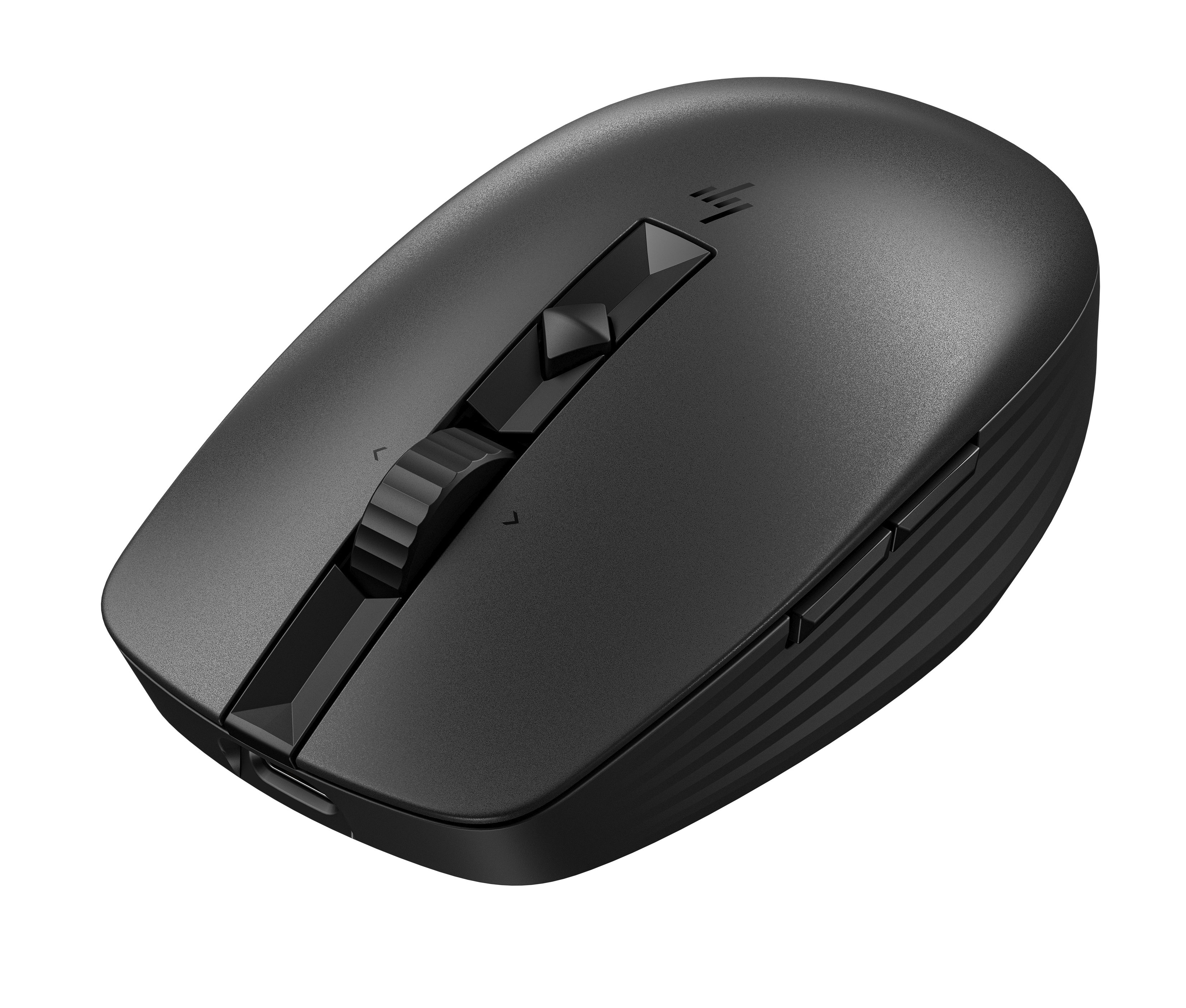 Ratón de ordenador negro con rueda de desplazamiento y botones laterales, sobre fondo blanco.