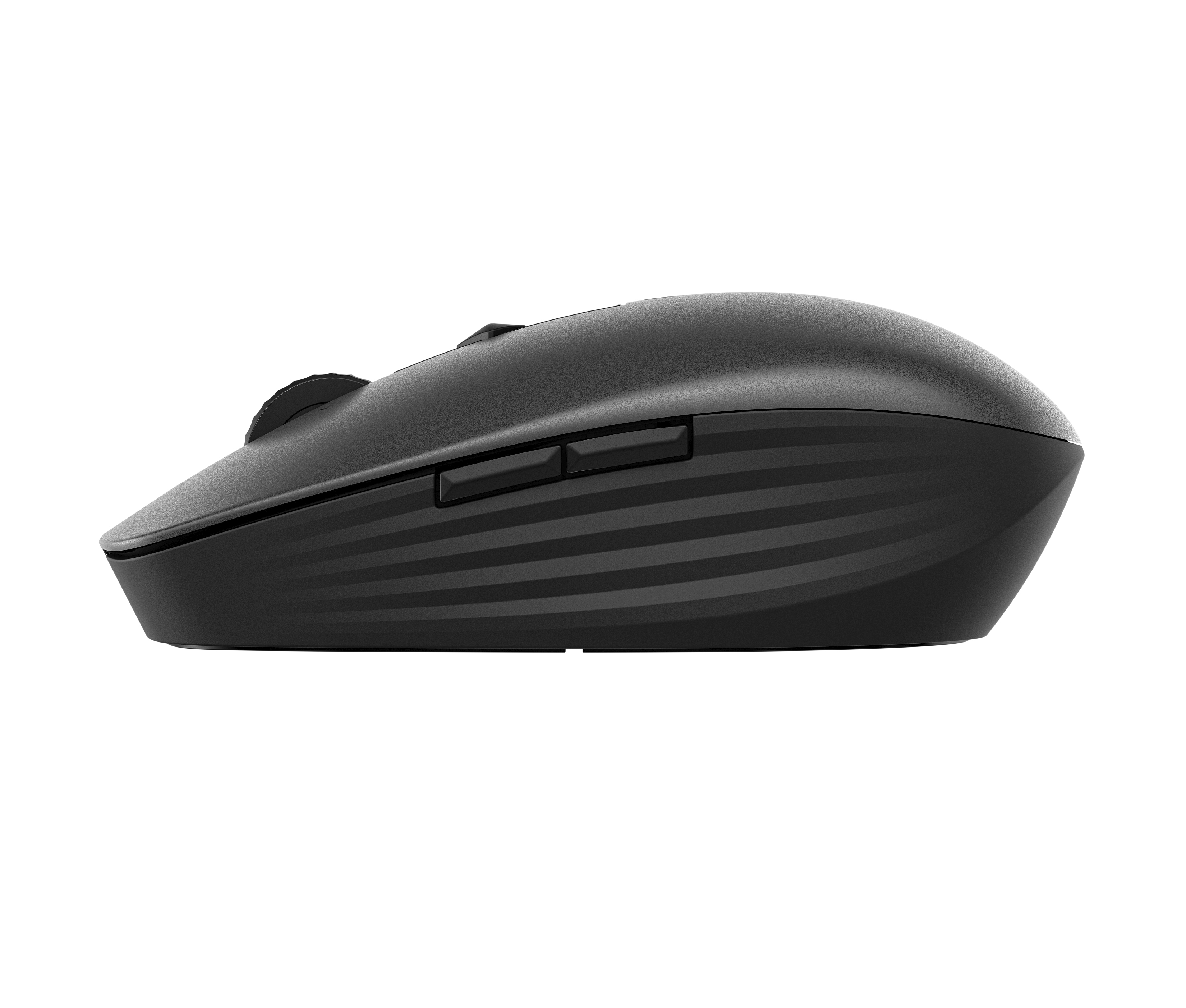 Ratón de ordenador negro con diseño acanalado. Fondo blanco, vista lateral.