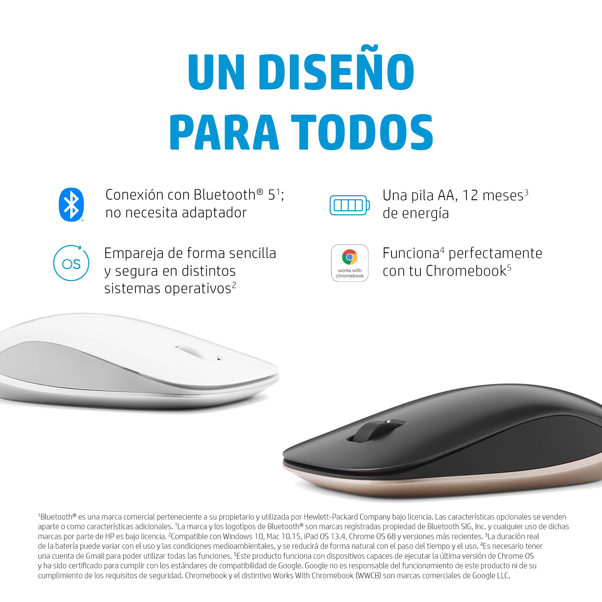 Ratón HP blanco y negro sobre una superficie blanca. Hay texto sobre el ratón y sus características.