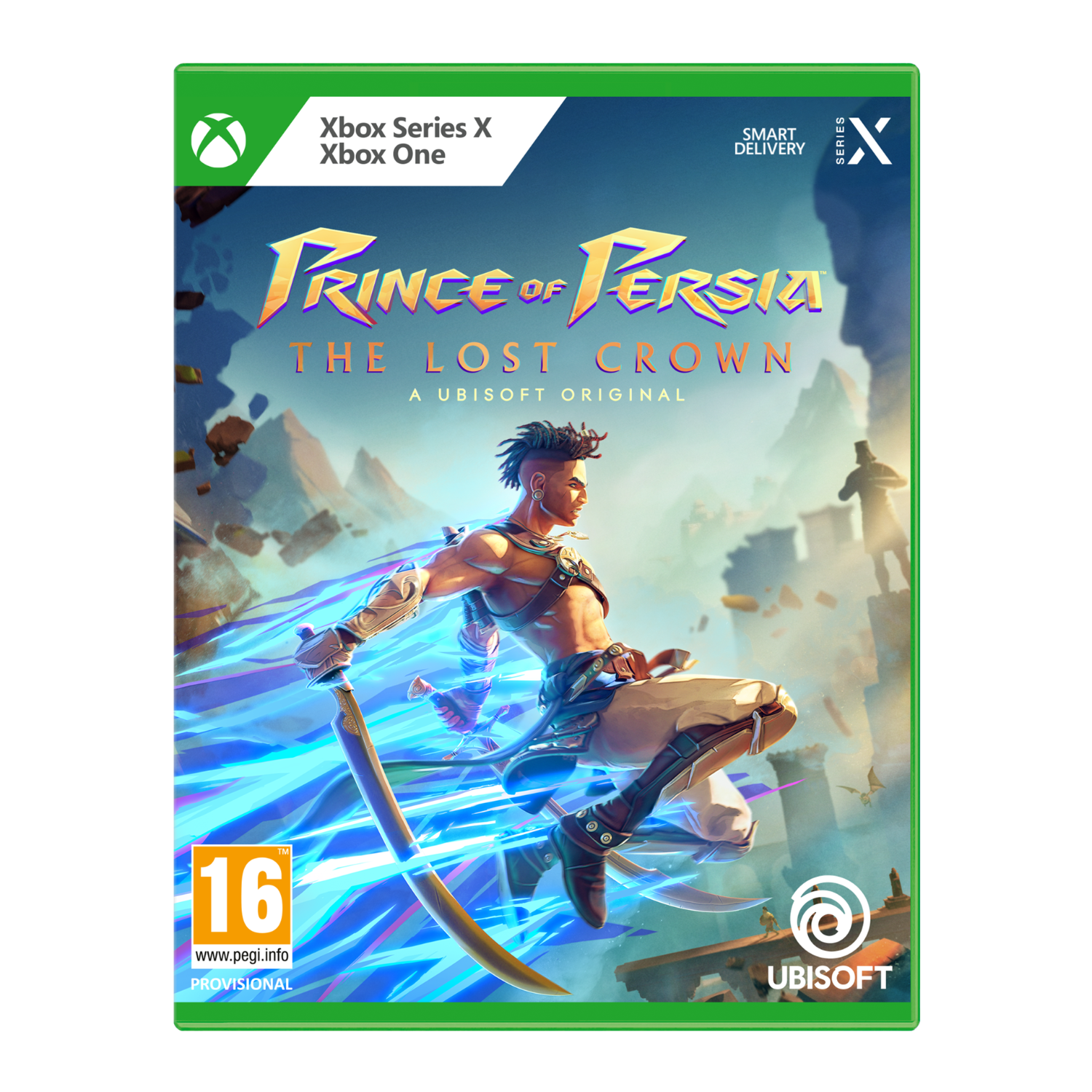 Xbox Series X game cover van Prince of Persia: The Lost Crown. Een man met een zwaard staat vooraan.