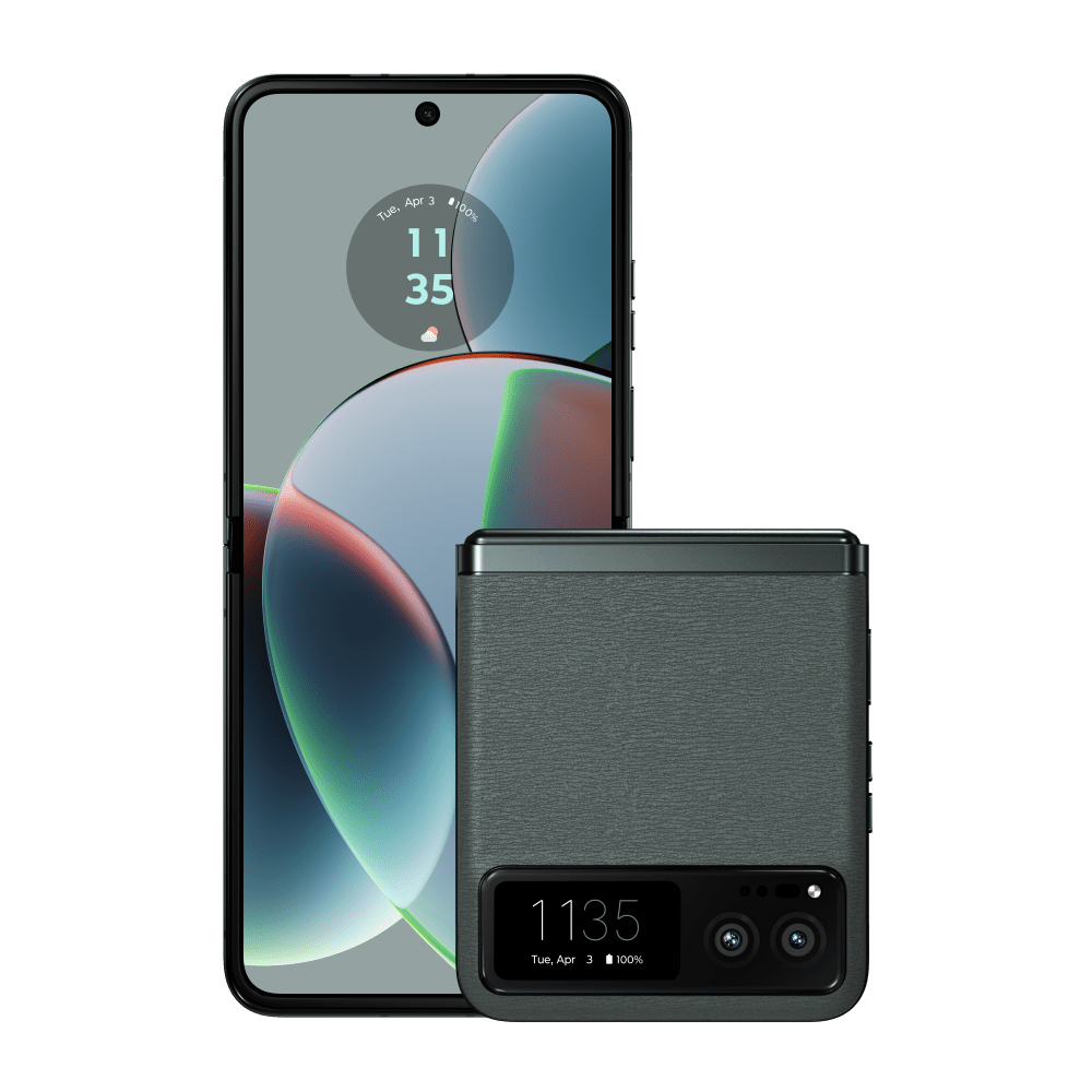 Un teléfono inteligente negro y un teléfono plegable se muestran sobre un fondo oscuro.