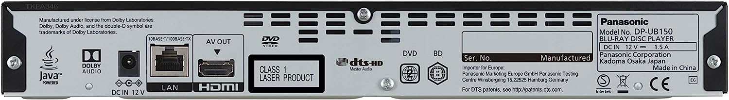 Panel trasero de un reproductor de discos Blu-ray Panasonic, mostrando varios puertos y etiquetas.