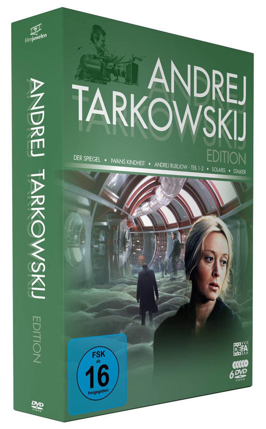 DVD-Box-Set von Andrei Tarkovsky-Filmen, grüne Box mit einem Frauenporträt.