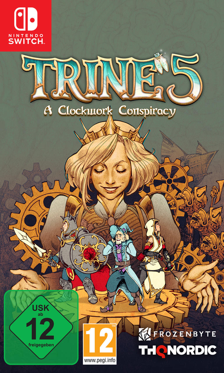 Spielcover von Trine 5. Es zeigt den Titel 'Trine 5: A Clockwork Conspiracy', eine Frau mit Krone und drei Figuren.