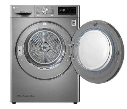 Srebrna suszarka LG z otwartymi drzwiami, ukazująca bęben w środku.