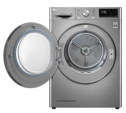 Srebrna suszarka LG z otwartymi drzwiami, pokazująca bęben. Białe tło.