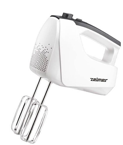 Biały mikser ręczny z dwoma trzepaczkami na białym tle. Mikser ma szarą górę.