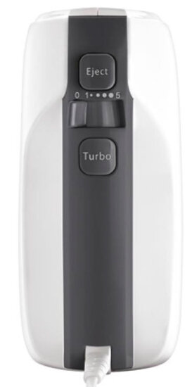 Biały i szary mikser ręczny z przyciskami i przewodem.