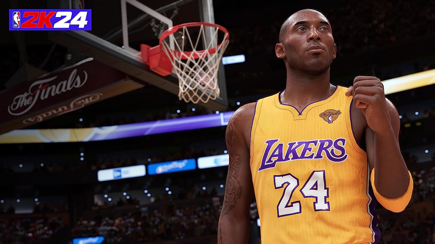 Joueur de basket Kobe Bryant en maillot jaune, regardant en haut. Terrain et logo visibles.