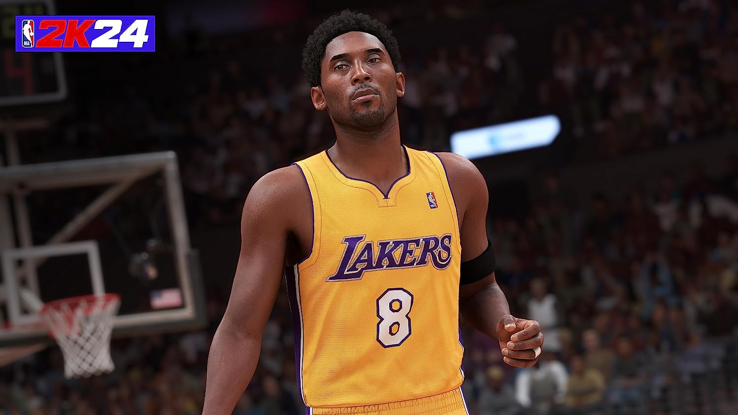 Kobe Bryant en maillot jaune des Lakers, terrain de basket.