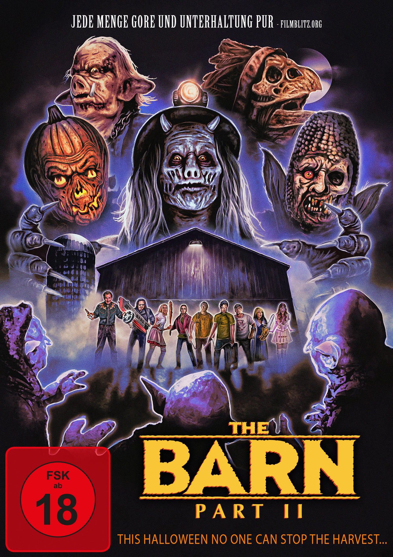 Filmposter mit Monstergesichtern, Menschen und einer Scheune. Titel: The Barn Part II.