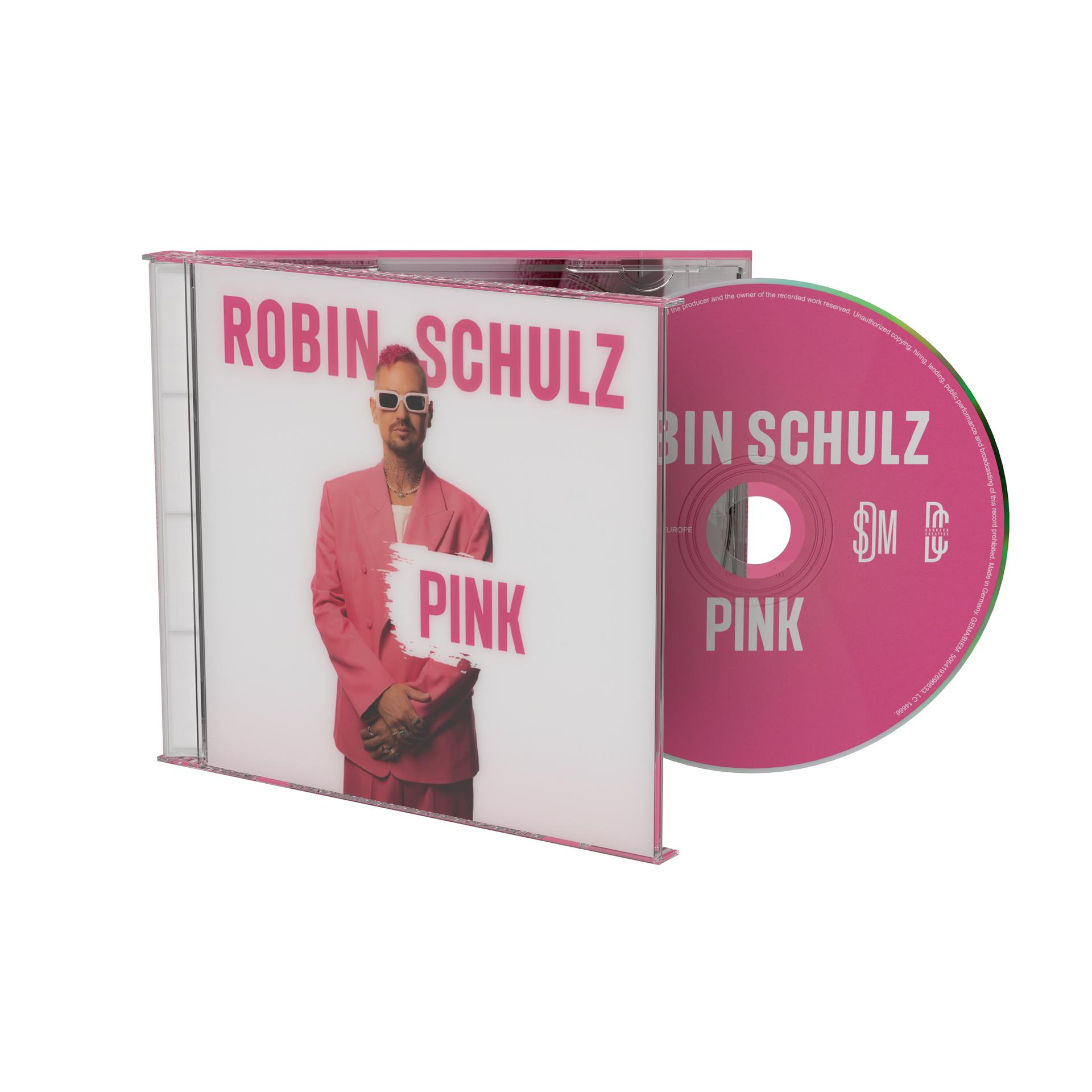 A Robin Schulz 'Pink' albumának CD-tokja. A művészt rózsaszín öltönyben és napszemüvegben ábrázolja. A CD is rózsaszín.