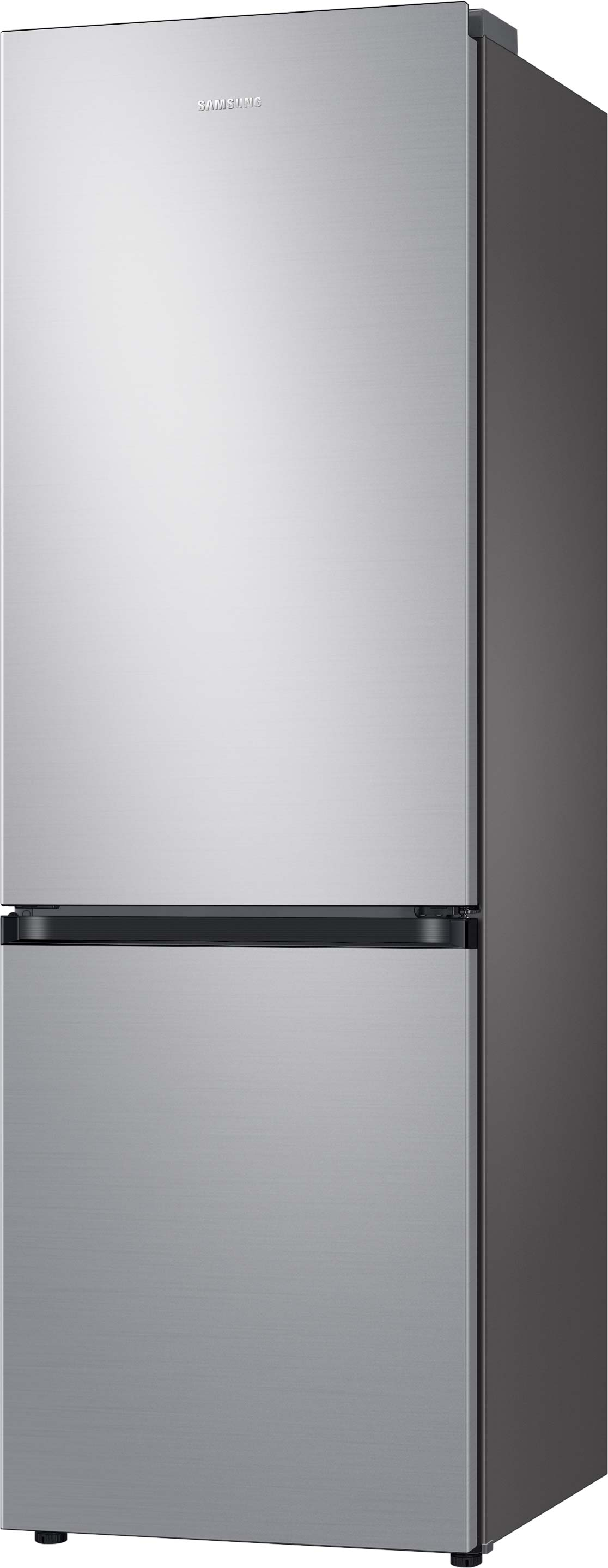 Silberner Samsung Kühlschrank mit unterem Gefrierfach, hoch, auf weißem Hintergrund.