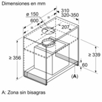Dibujo técnico de una campana extractora, mostrando dimensiones y vista seccionada.