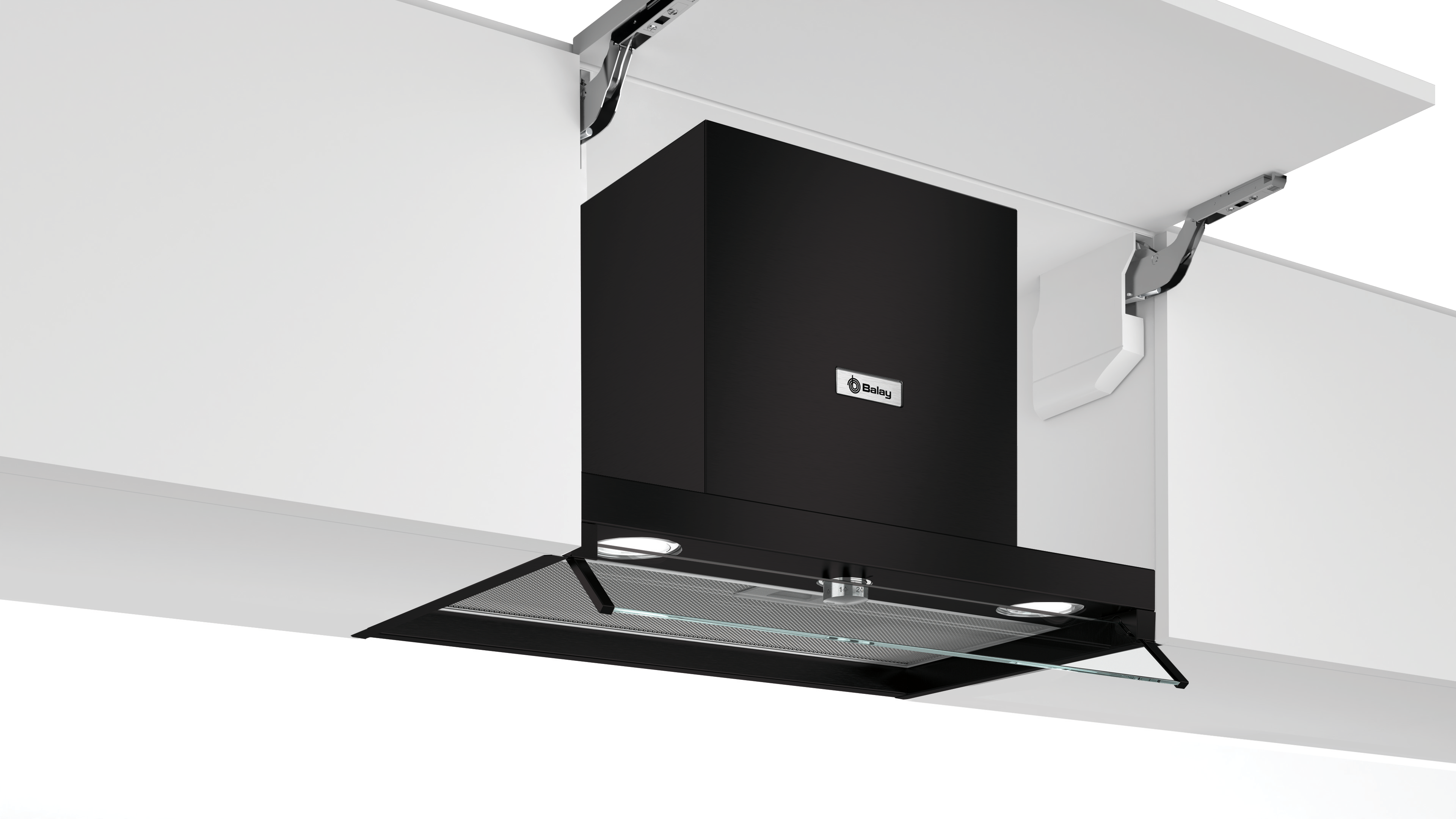 Campana extractora negra instalada en armarios blancos. Tiene fondo de vidrio y luces.