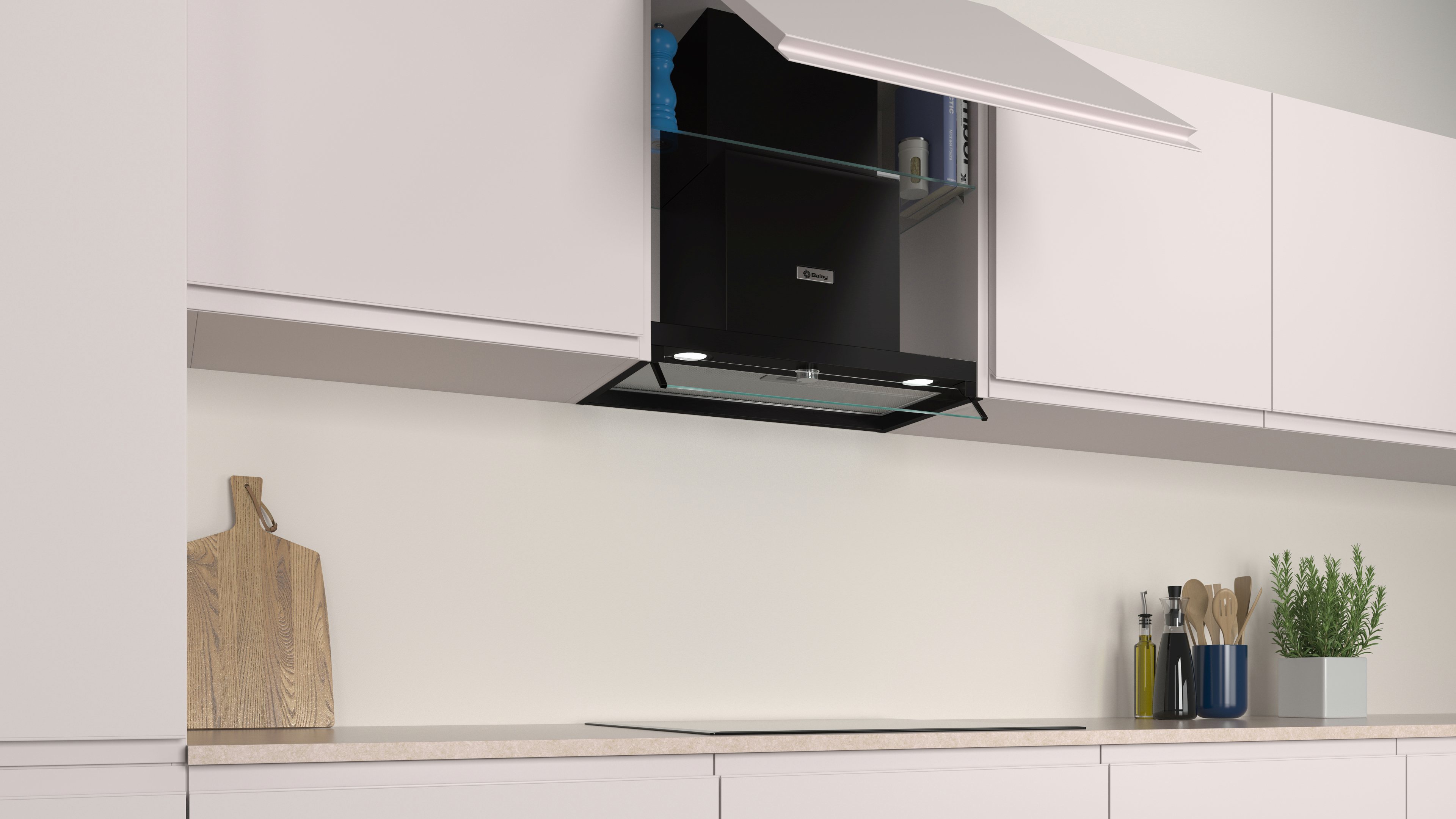 Cocina moderna con campana extractora sobre una superficie de cocción.