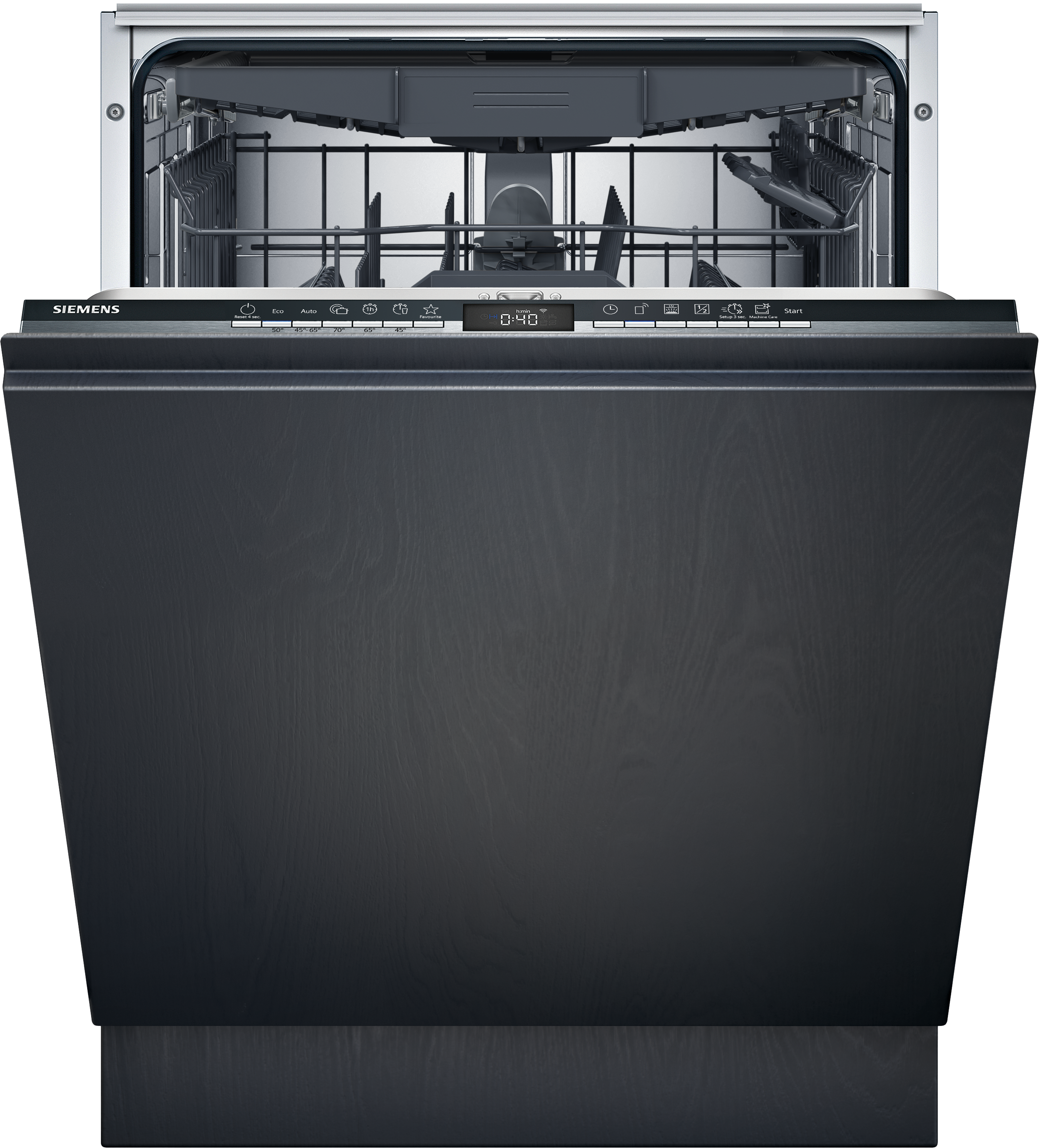 Siemens Geschirrspüler, schwarz mit Holzmaserung. Geöffnete Tür, Innenregale sichtbar. Digitalanzeige '0:40'.