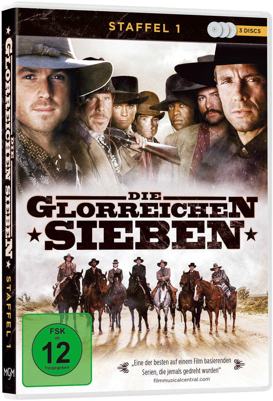 DVD-Hülle mit dem Film 'Die Glorreichen Sieben'. Das Cover zeigt Cowboys auf Pferden.