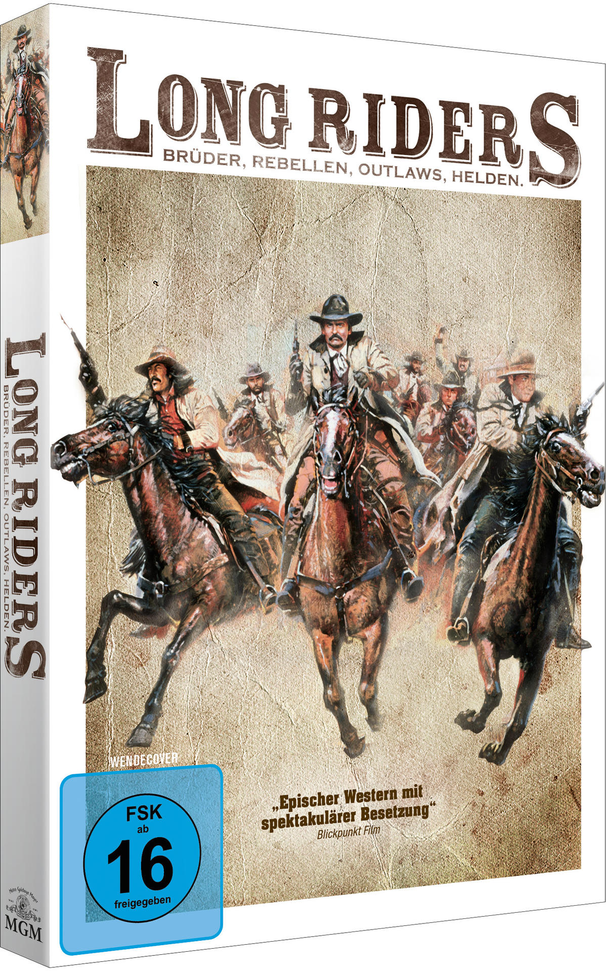 DVD-Hülle des Films Long Riders. Cover zeigt Cowboys auf Pferden mit Waffen.