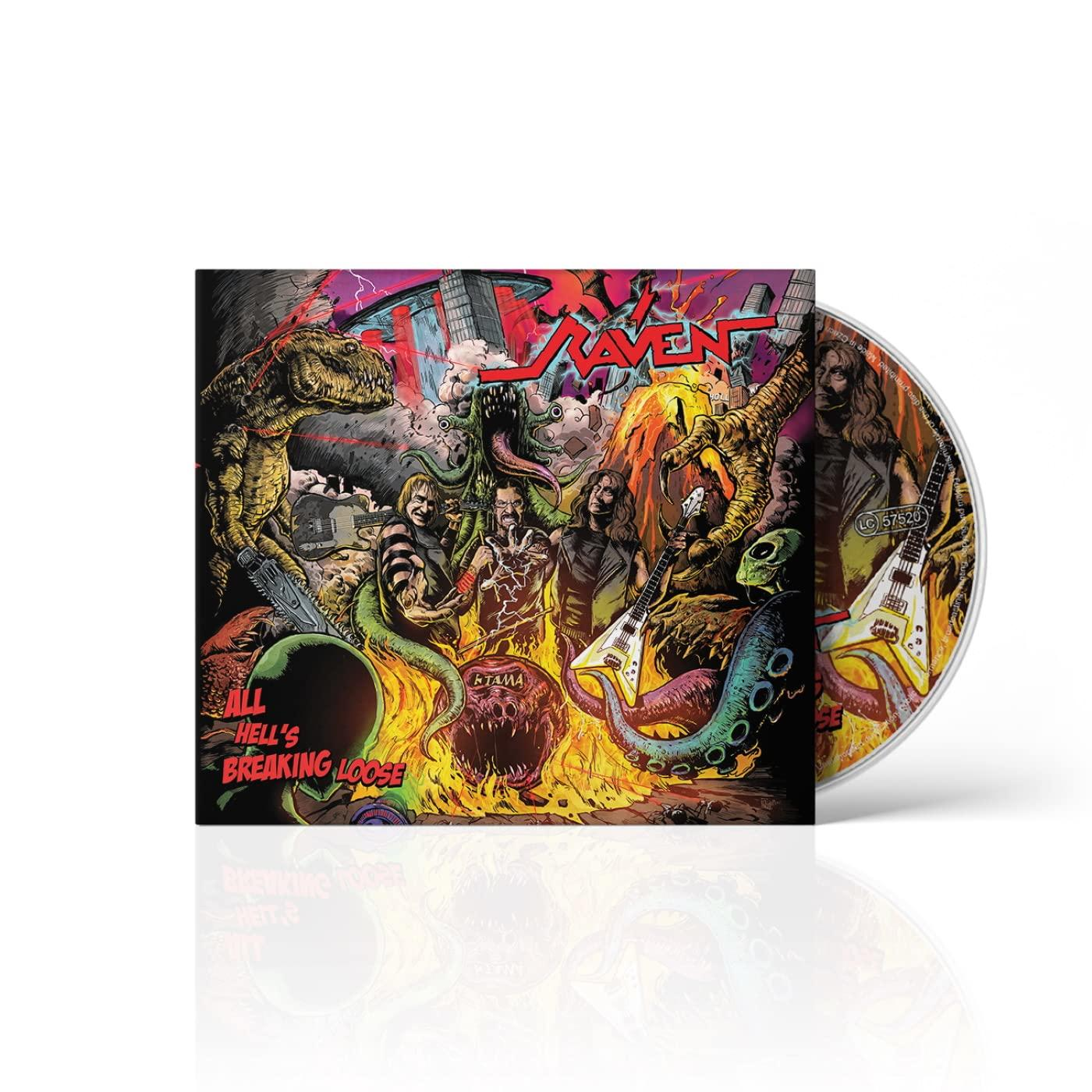Albumcover mit Metalband-Kunst. Daneben eine CD. Der Albumtitel lautet 'All Hell's Breaking Loose'.