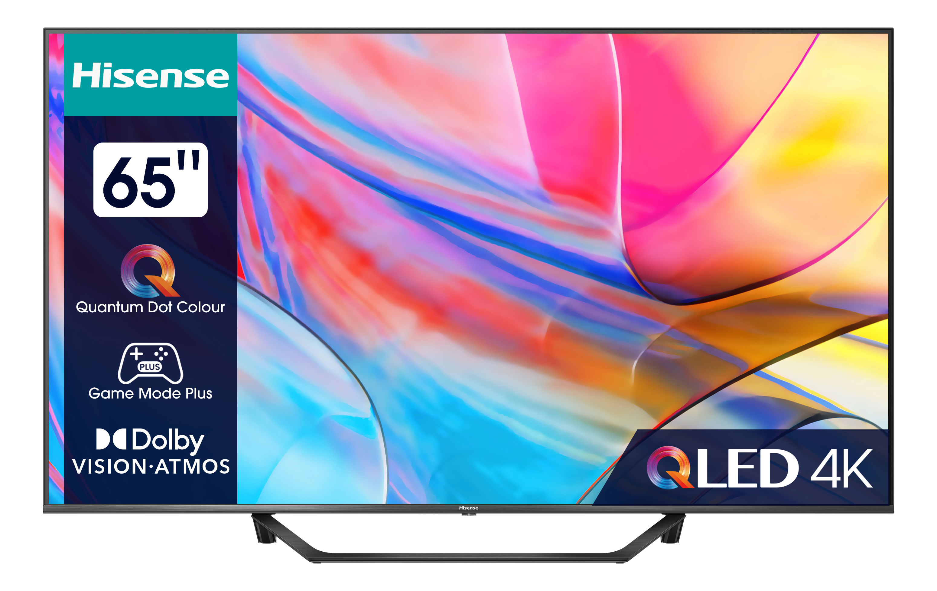 TV Hisense 65" QLED 4K. Schermo con arte astratta, cornice nera.