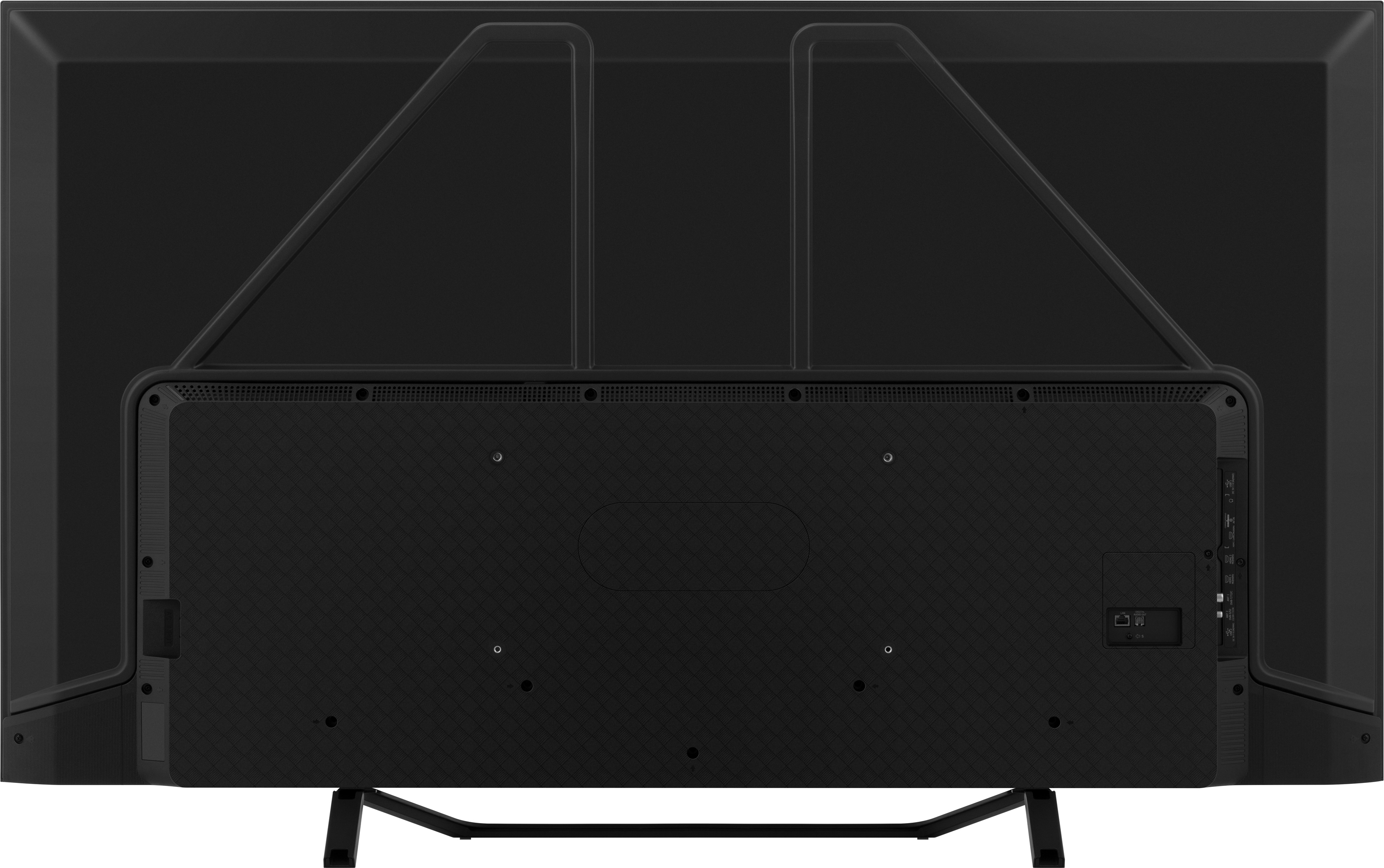 Retro di una TV nera con supporto. Presenta porte e supporti per il montaggio.