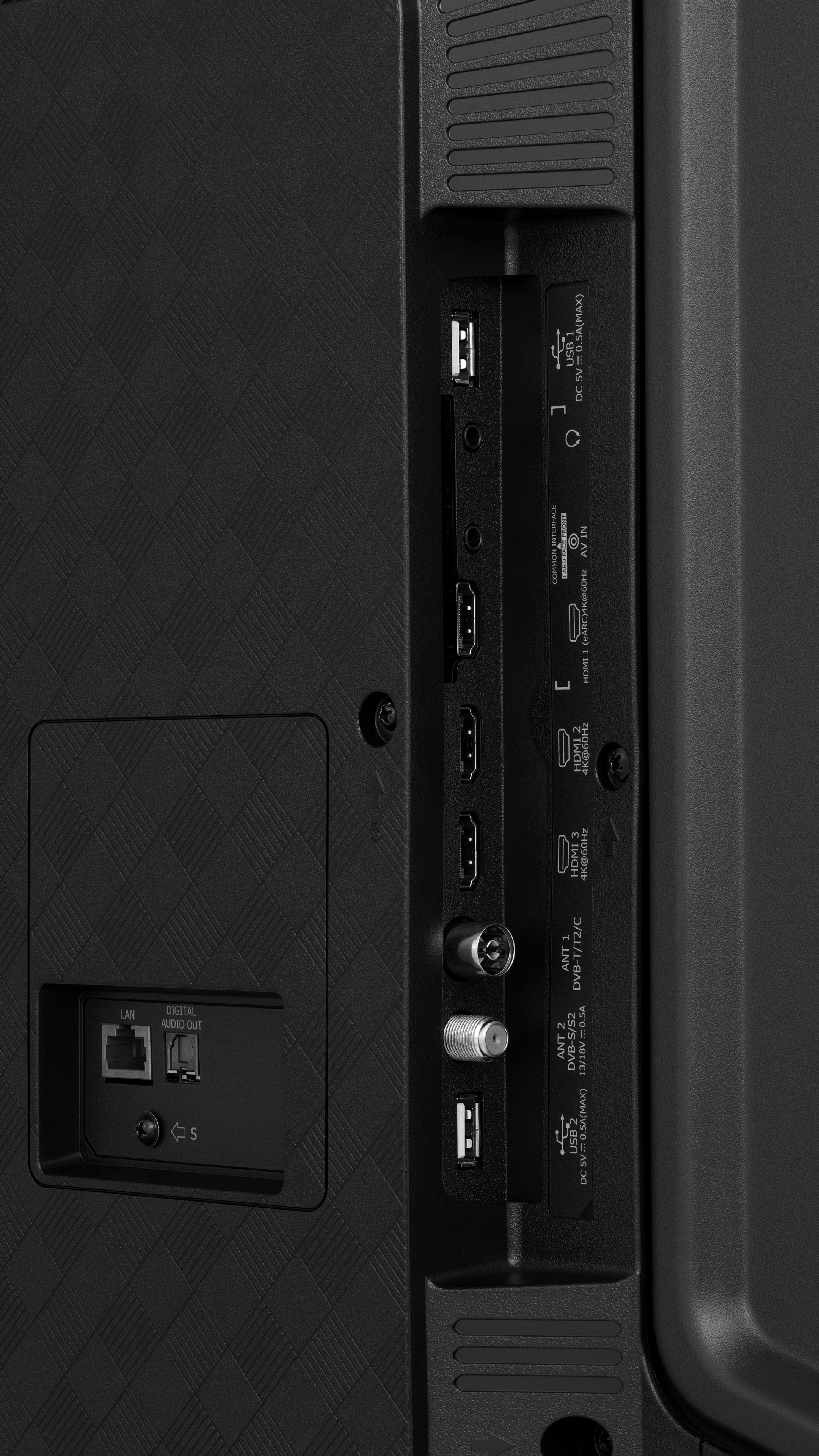 Primo piano del pannello posteriore di una TV con porte, tra cui HDMI e USB.