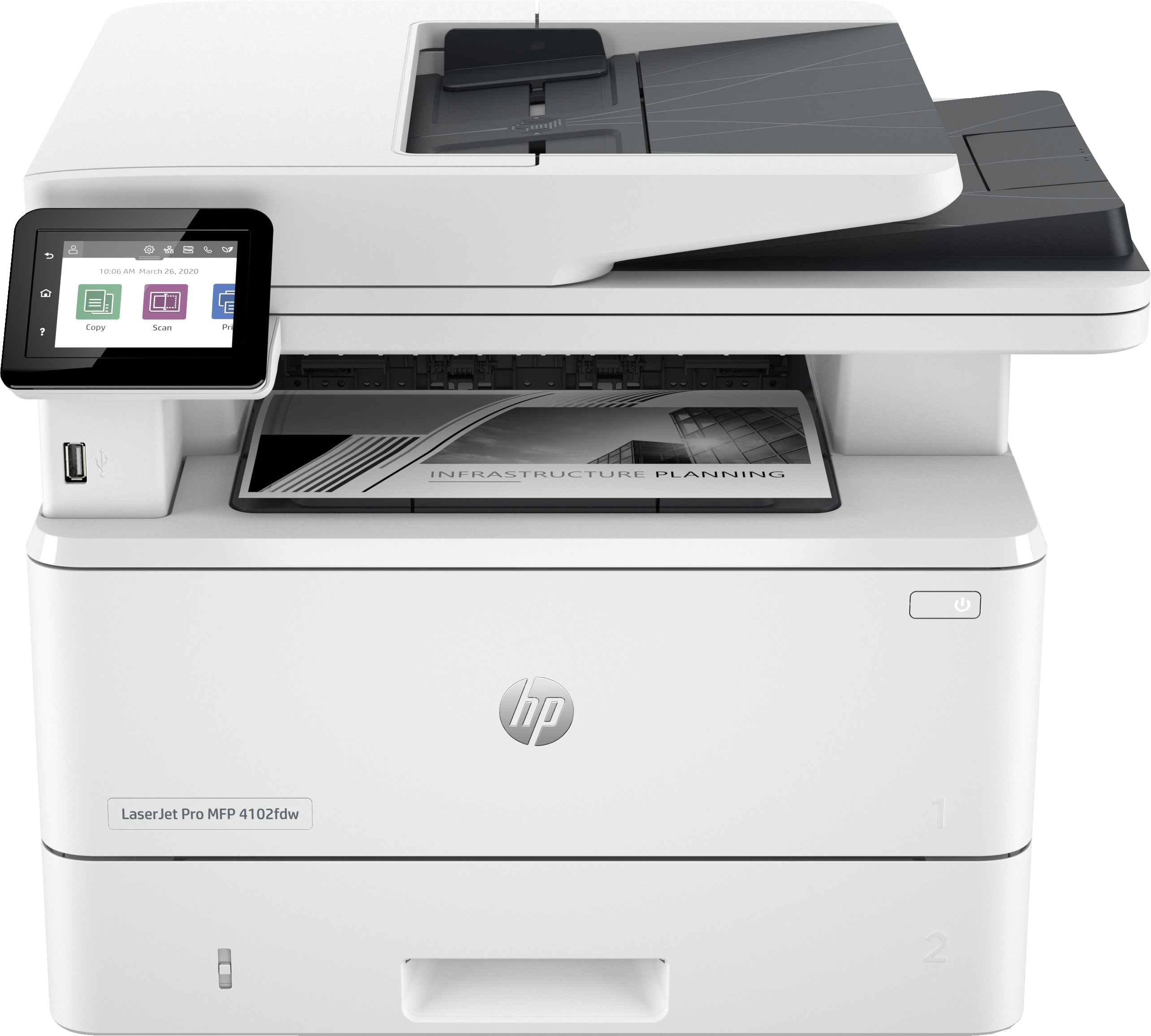 Weißer HP LaserJet Pro MFP 4102fdw Drucker. Er hat einen Bildschirm und Bedienelemente oben.