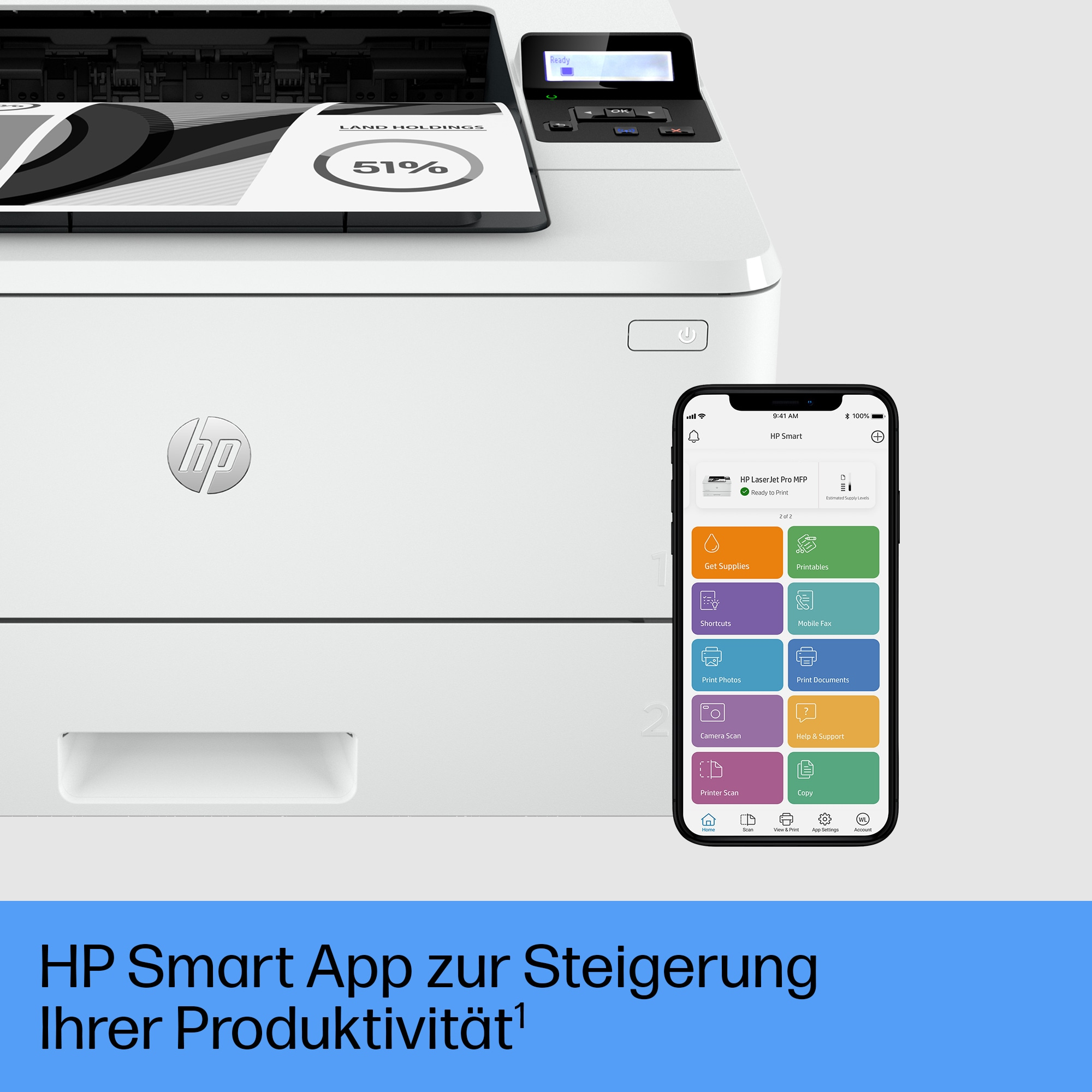 Ein Drucker mit Telefon, das eine App anzeigt. Text: 'HP Smart App zur Steigerung Ihrer Produktivität'.