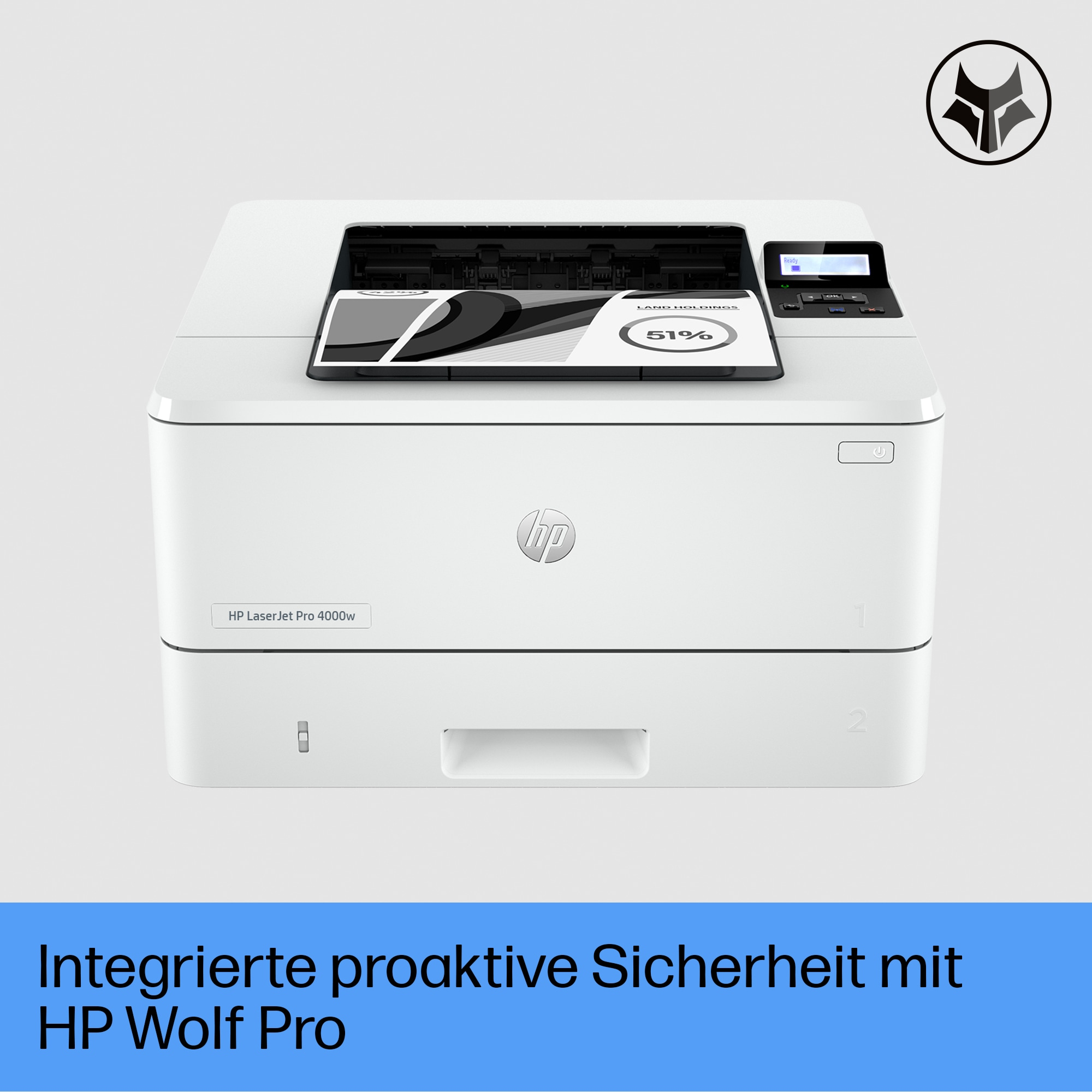 Weißer HP LaserJet Pro 4000w Drucker. Seite mit Diagramm und '51%' wird gedruckt. HP Wolf Pro Security Logo oben.