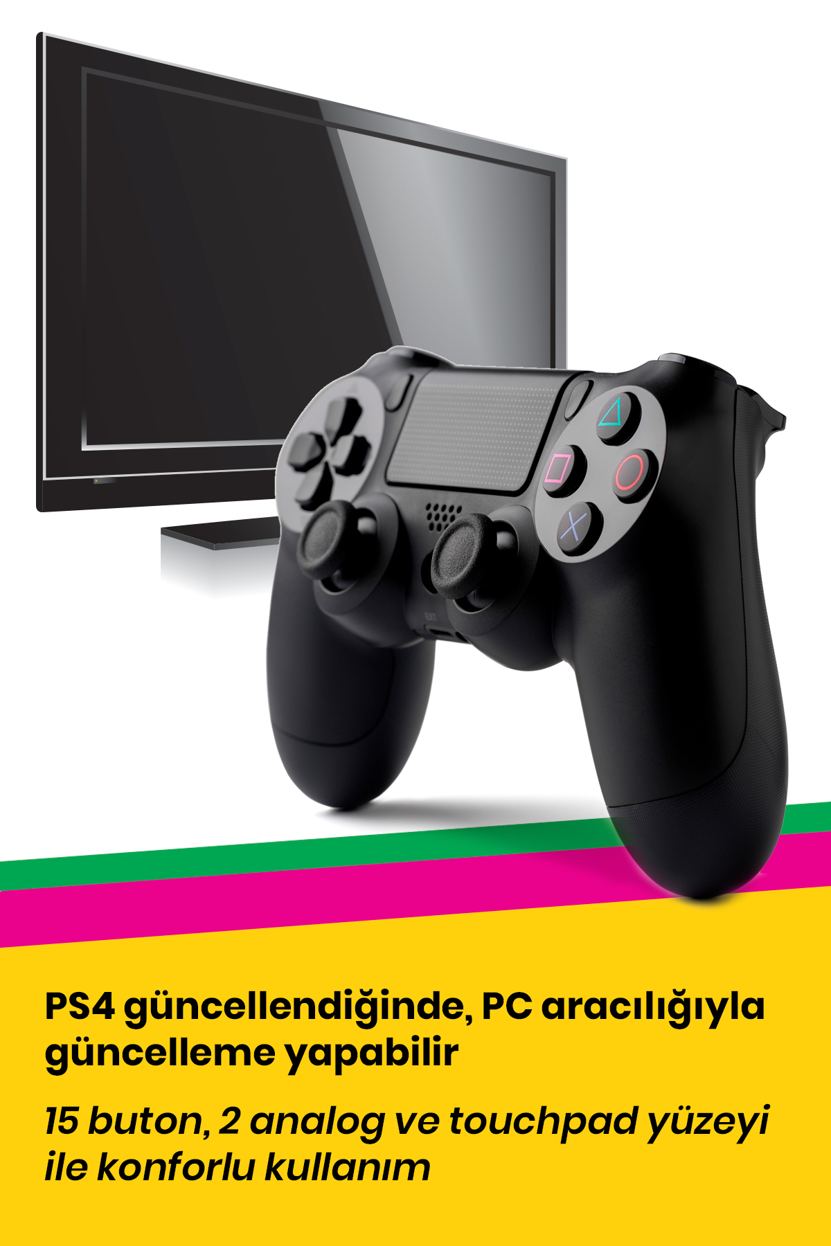 Siyah PS4 kontrolcüsü, arka planda TV, güncellemeler ve özellikler hakkında metinle.
