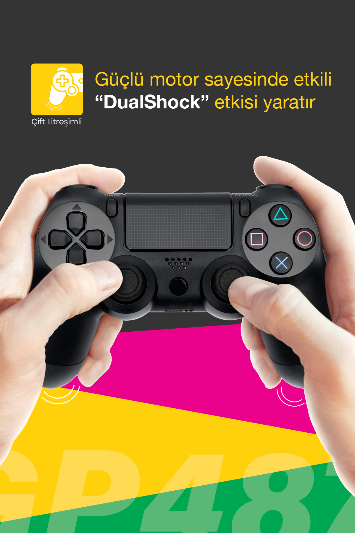 Siyah PS4 kontrolcüsü ellerde tutuluyor, metinle: 'DualShock' efekti.