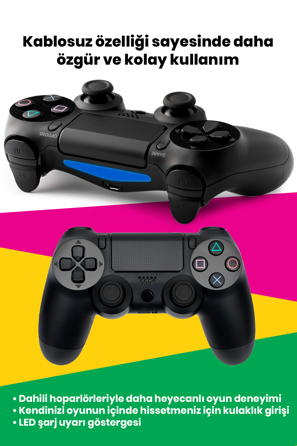 Siyah bir Playstation kontrolcüsünün yukarıdan ve aşağıdan görünümü, düğmelerle. Arka plan renkli.