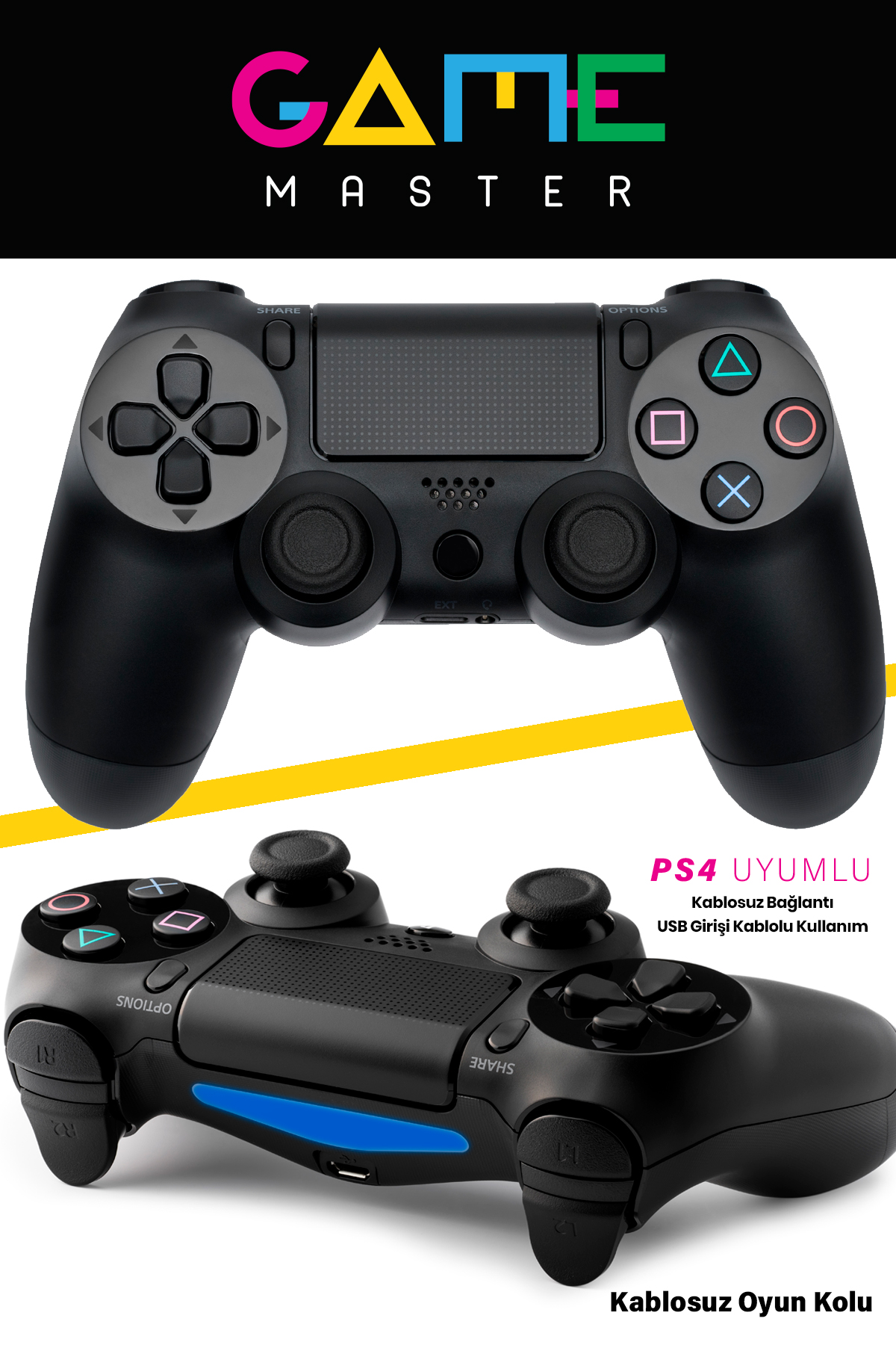 İki siyah PS4 kontrol cihazı. Görüntünün üst kısmında 'GAME MASTER' ve 'PS4 UYUMLU' metni var.