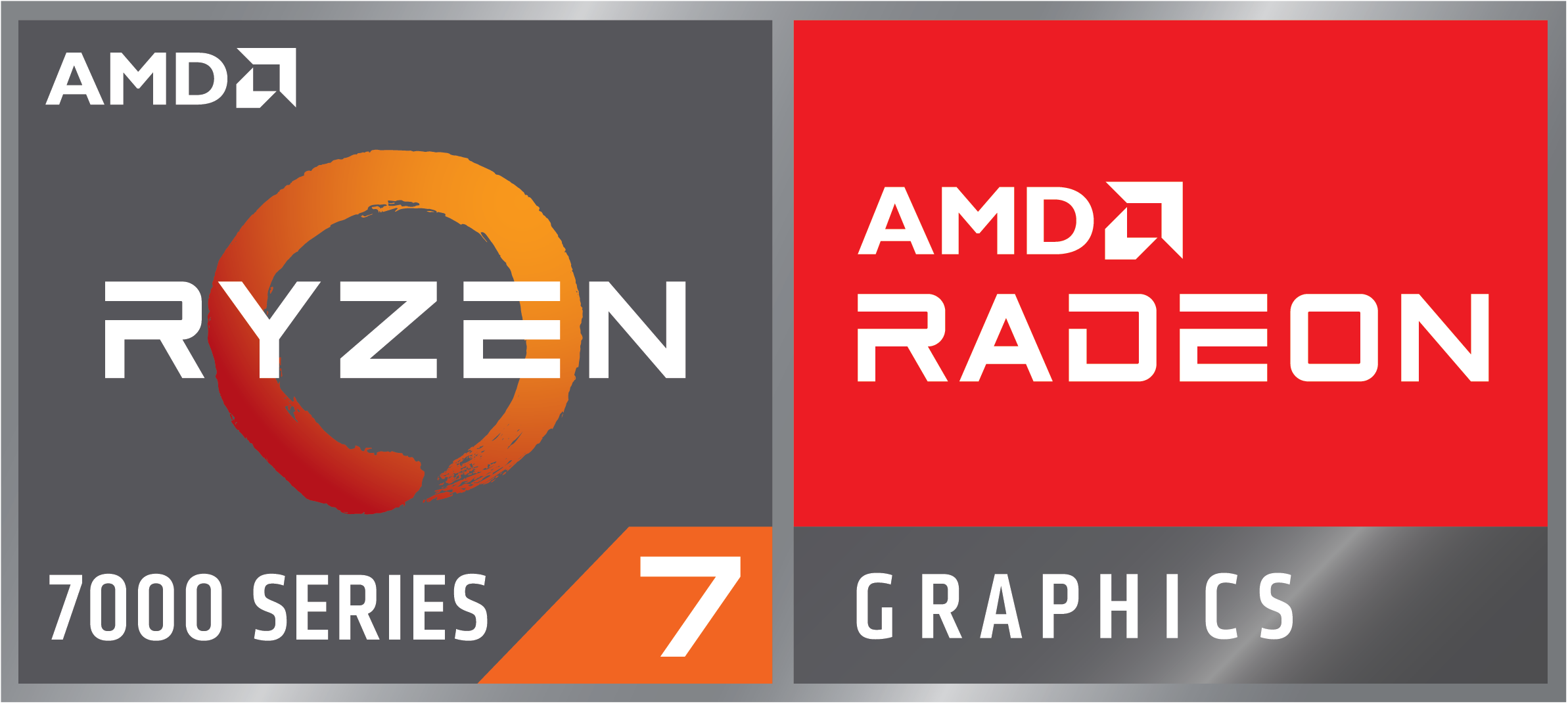 AMD Ryzen 7 en AMD Radeon graphics logo's op een grijze en rode achtergrond.