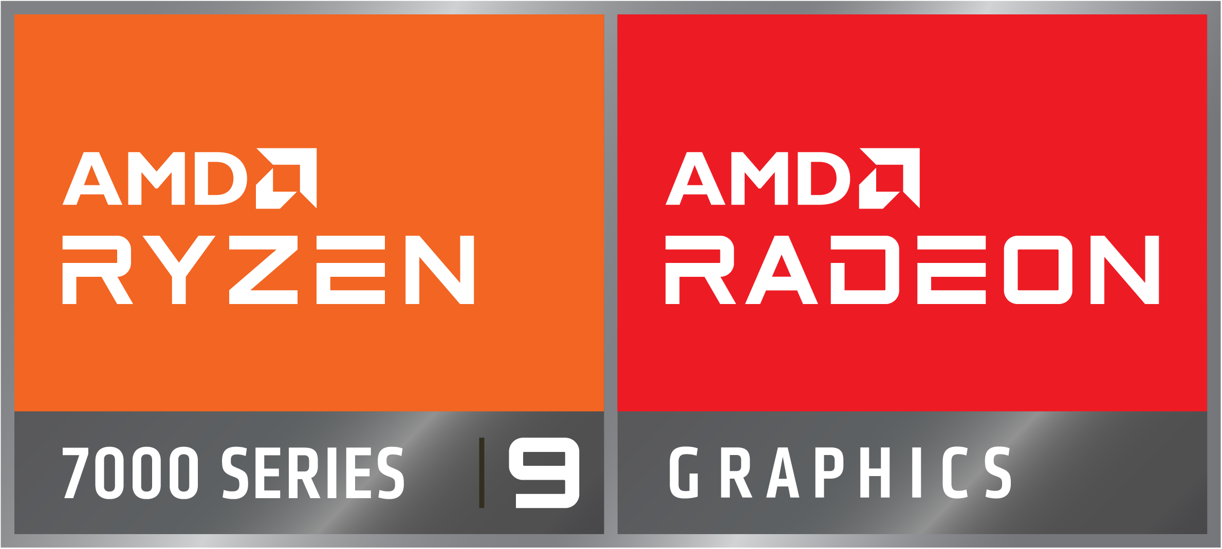 AMD Ryzen- und Radeon-Logos auf orangefarbenem und rotem Hintergrund. Text enthält 7000er Serie, 9 und Grafik. Der gesamte Text ist weiß.