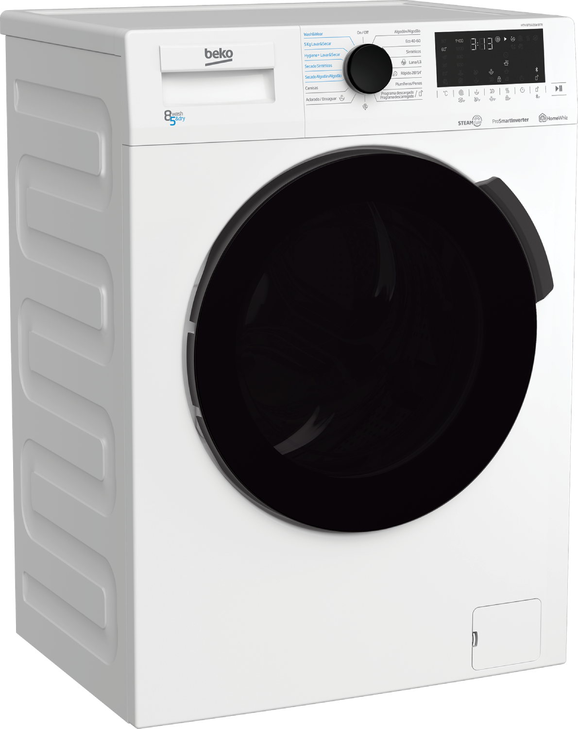Lavadora Beko blanca. Puerta y panel de control negros. Fondo blanco.